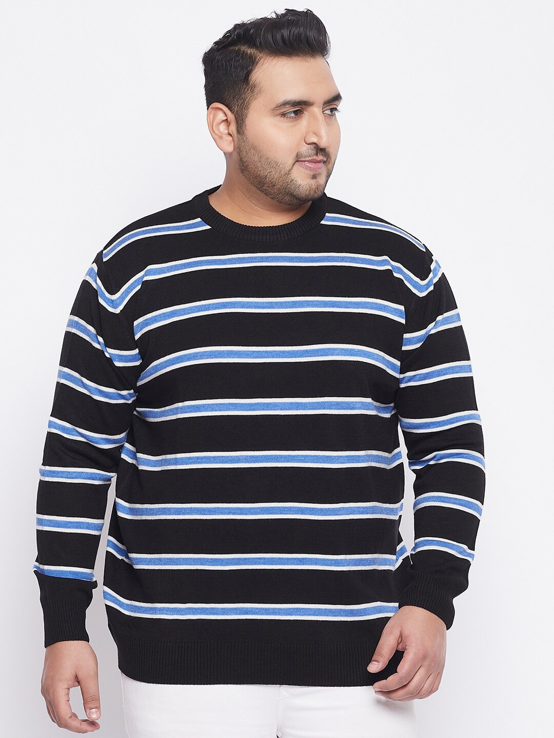 bigbanana Men Black & White Plus Size Striped Pullover Sweater