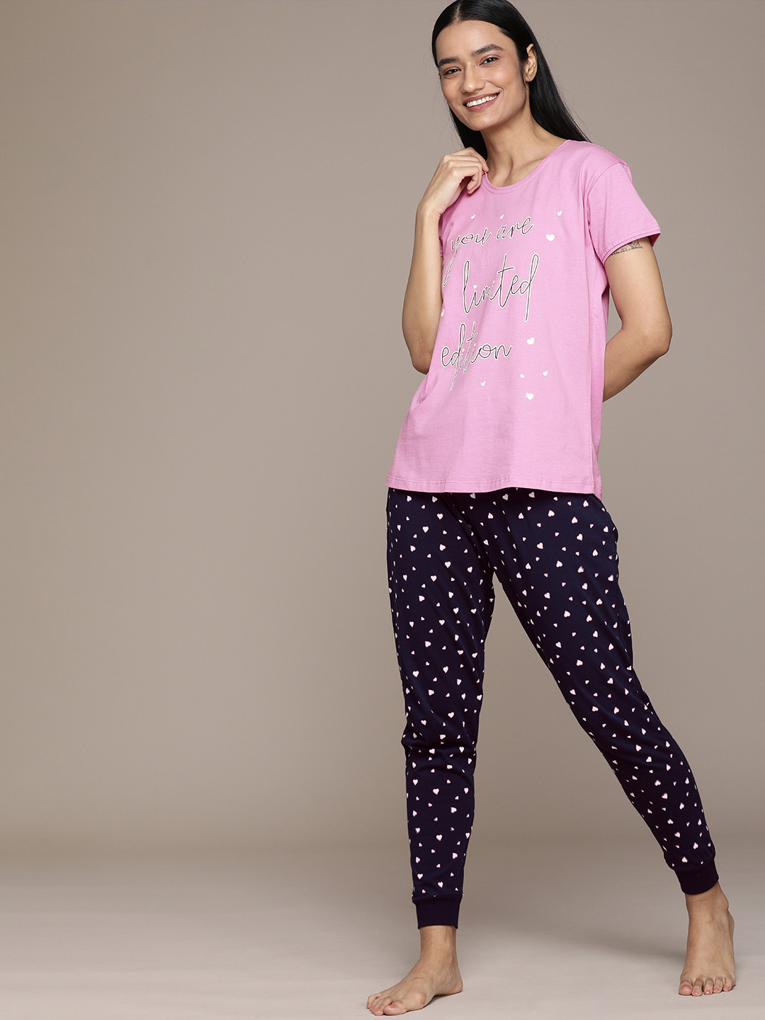 beebelle Women Pink & Navy Blue Cotton Printed Pyjama Set