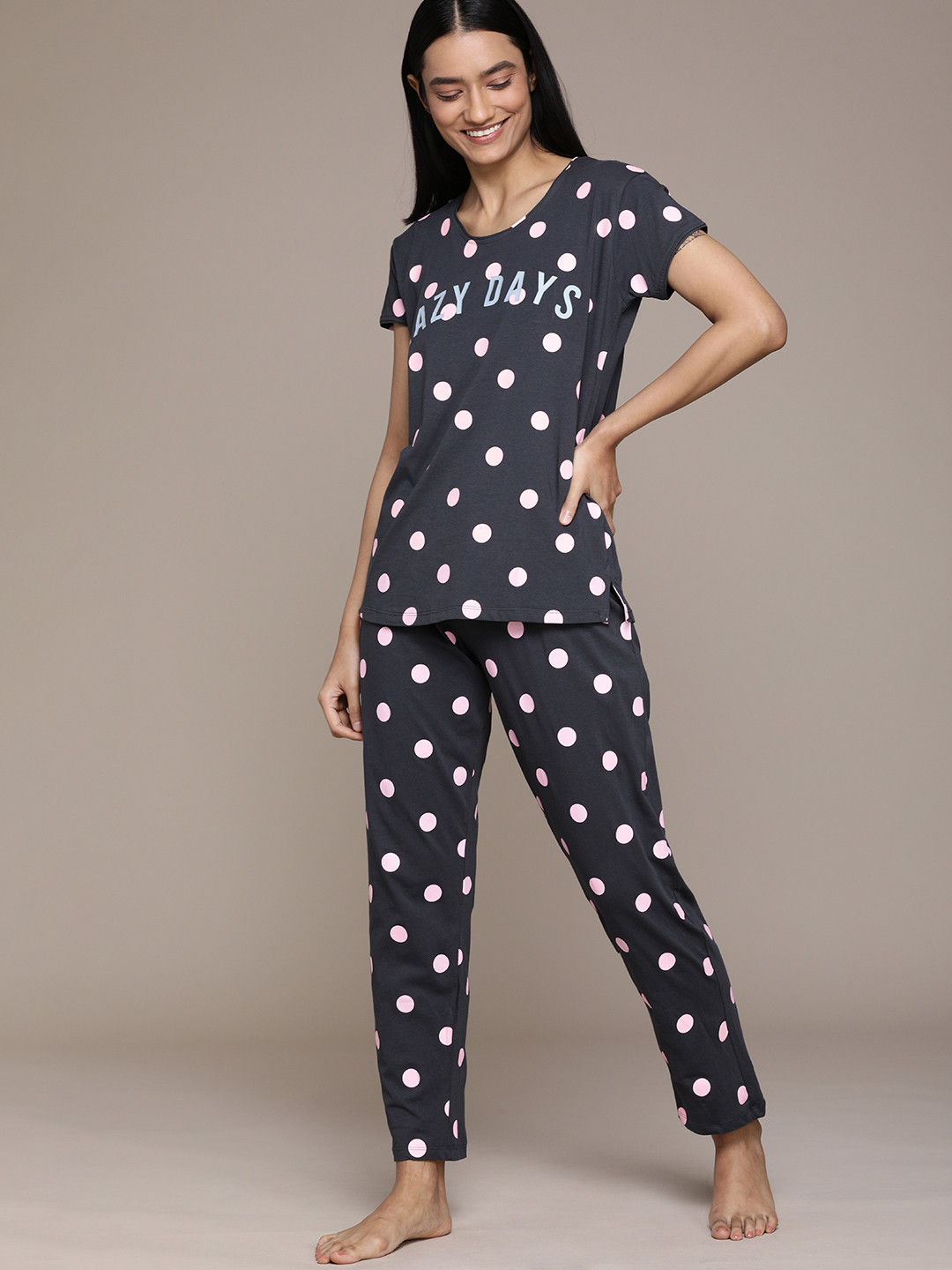 beebelle Women Charcoal Grey & Pink Cotton Polka Dot Print Pyjamas Set