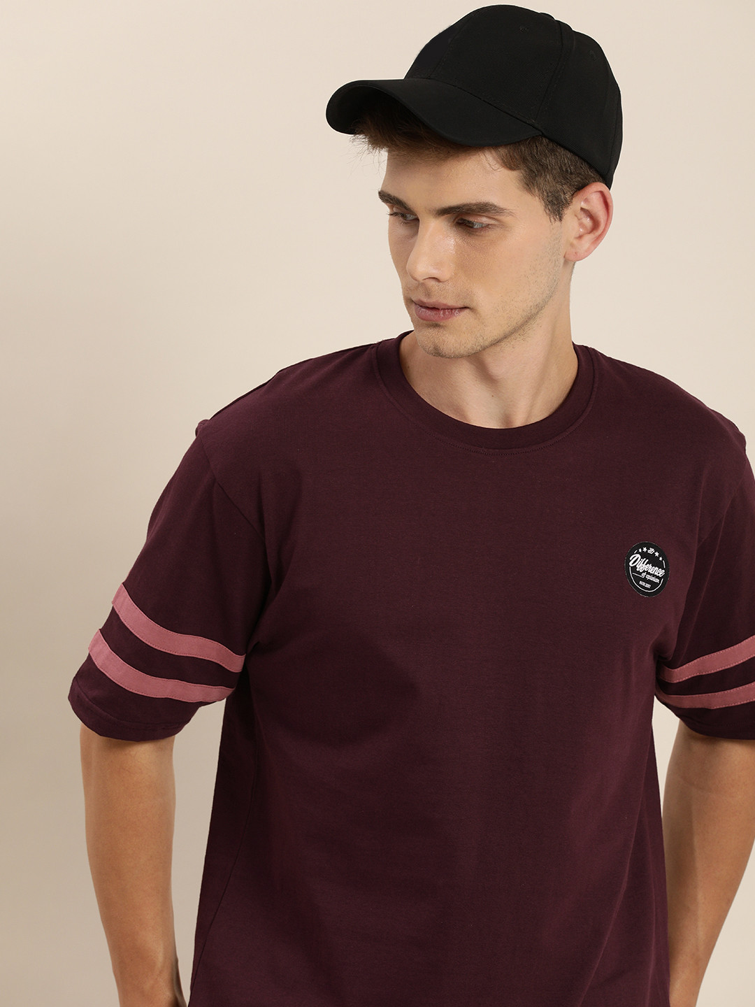 Difference of Opinion Men Burgundy Round Neck Extended Sleeves T-shirt
