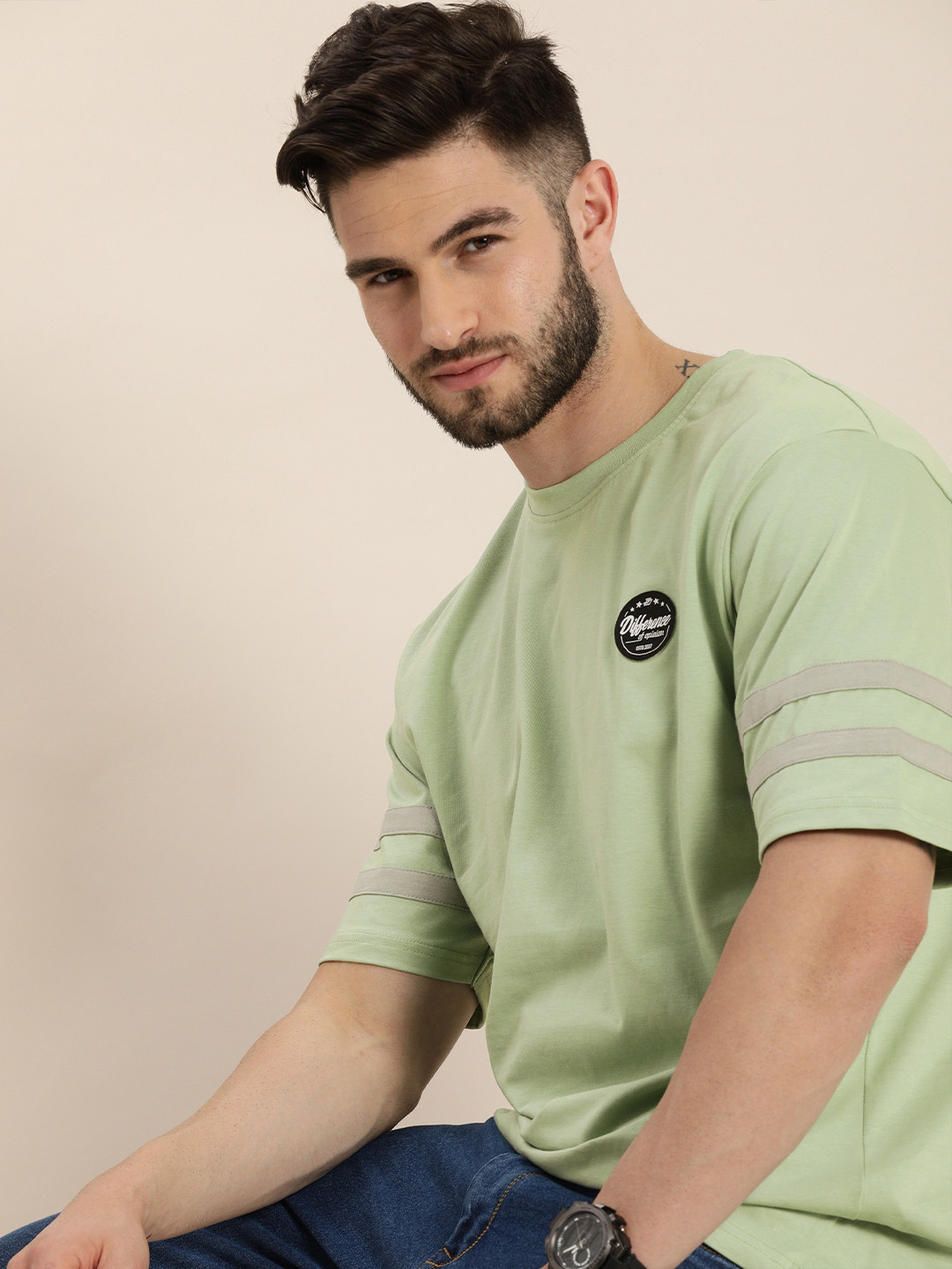 Difference of Opinion Men Mint Green Round Neck Drop-Shoulder Sleeves Cotton Oversized T-shirt