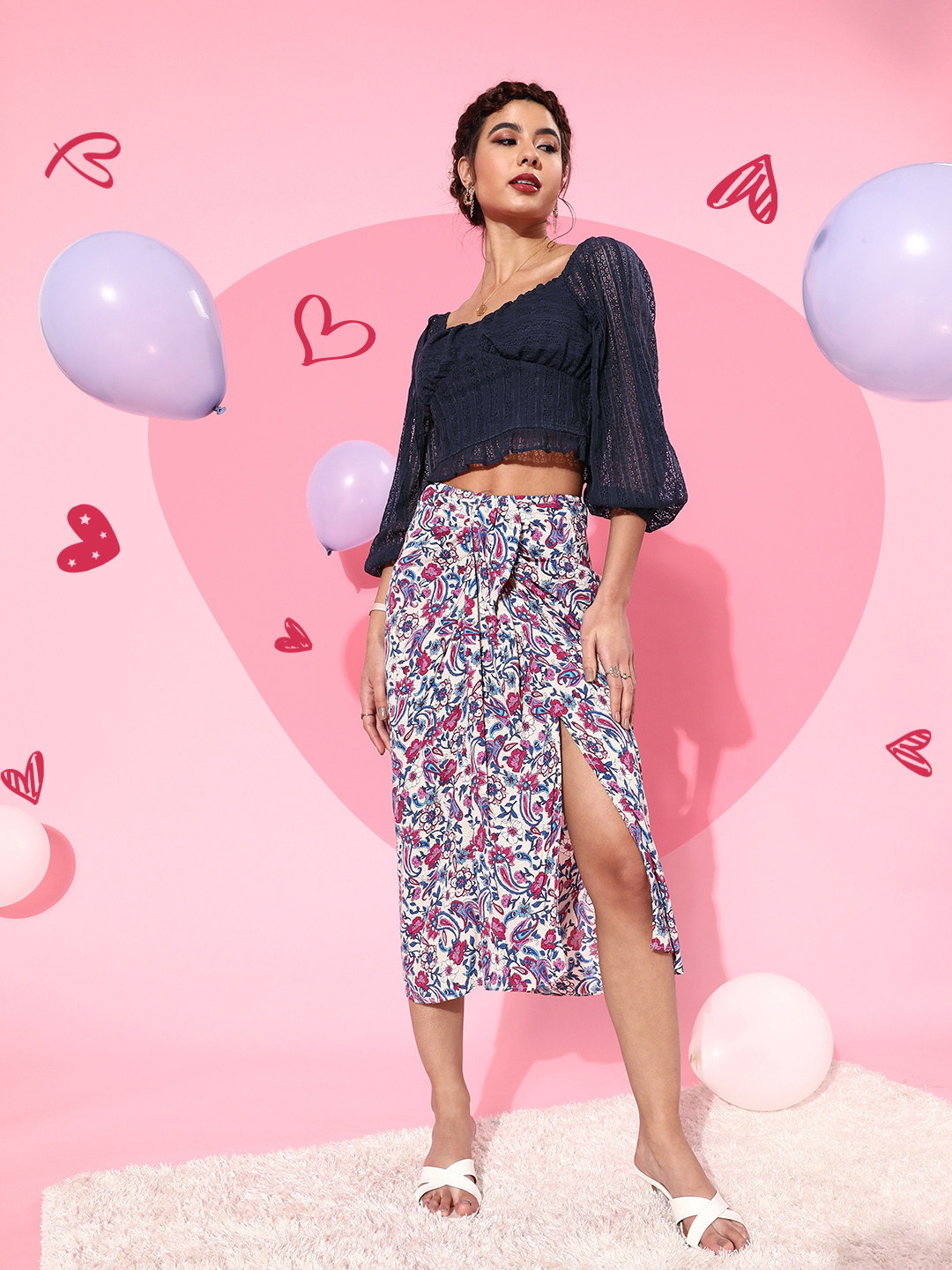 EVERYDAY by ANI Women Charming Navy Blue Self-Design Cropped Top