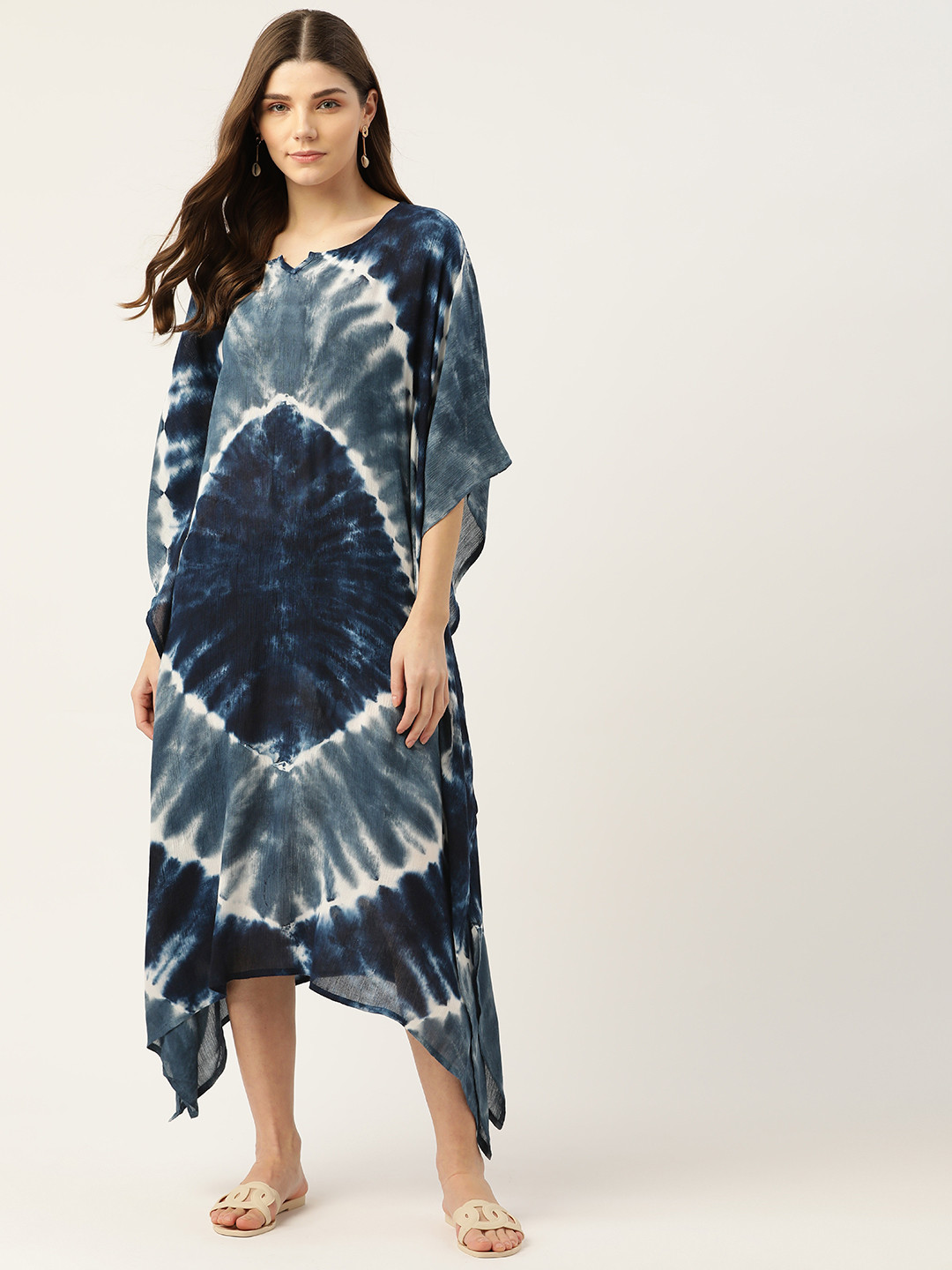 Maaesa Blue Tie and Dye Dyed Crepe Kaftan Midi Dress
