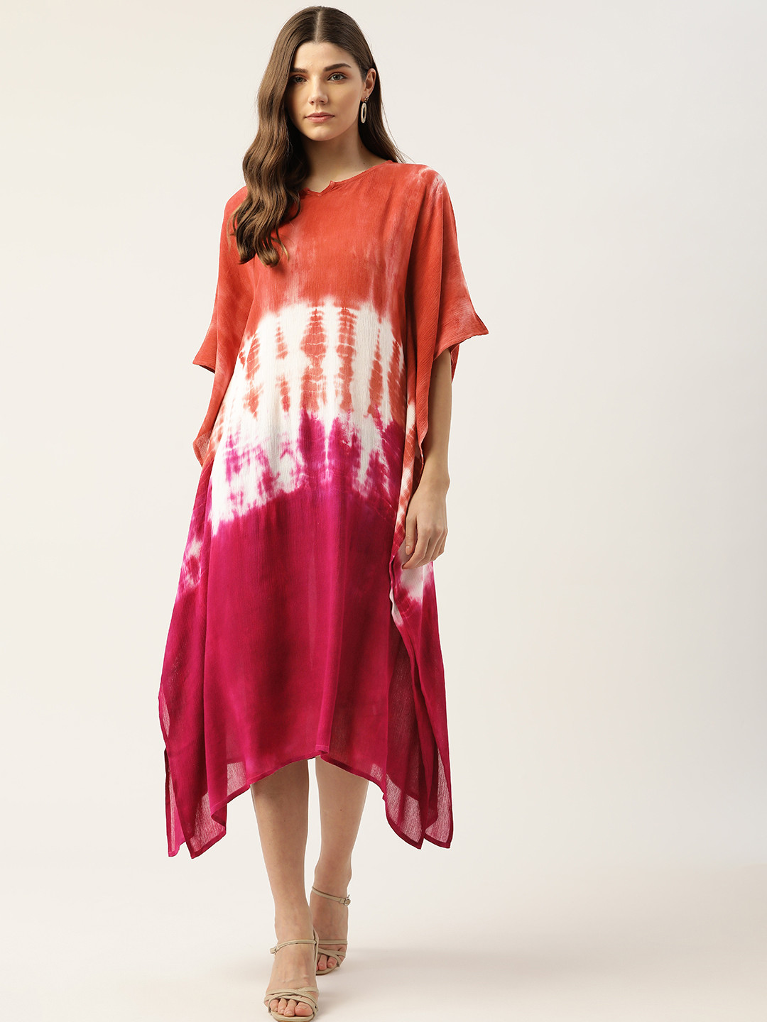 Maaesa Brown & Pink Dyed Crepe Kaftan Midi Holi Dress