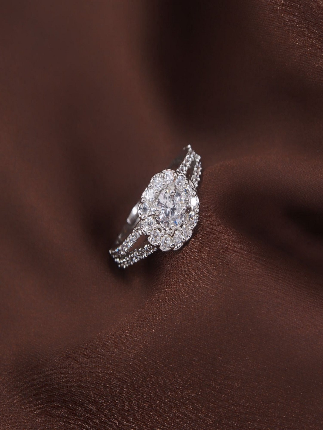 I Jewels Silver-Plated White Stone Studded Adjustable Finger Ring