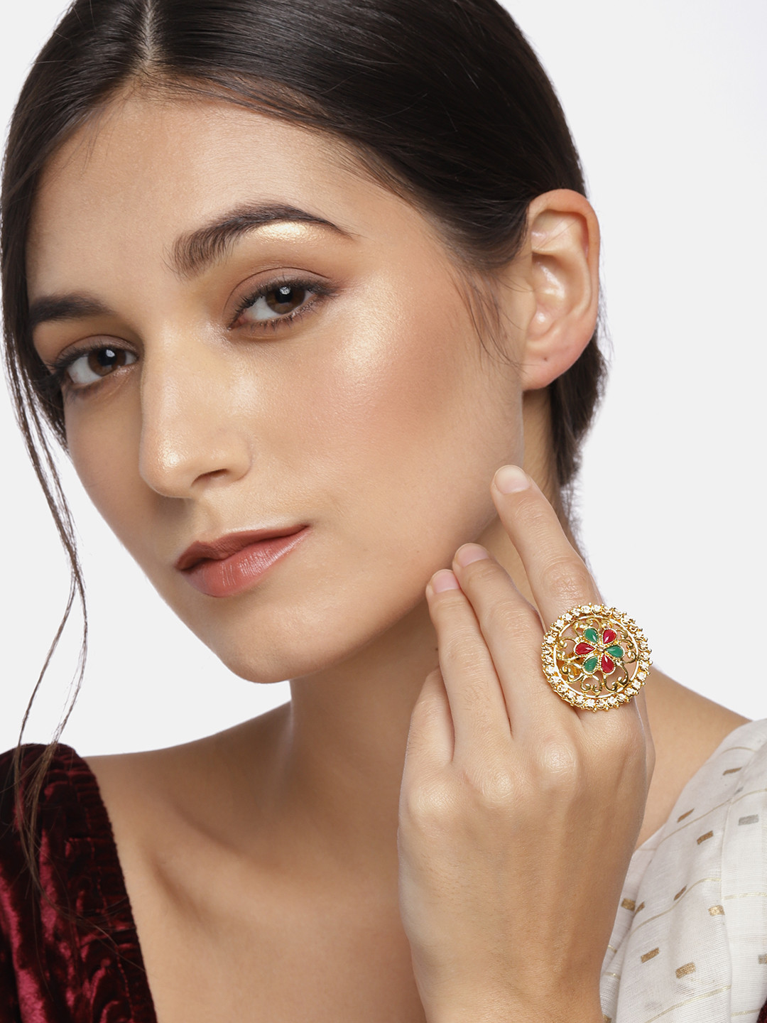 I Jewels Maroon & Green Gold Plated Stone Studded Adjustable Finger Ring