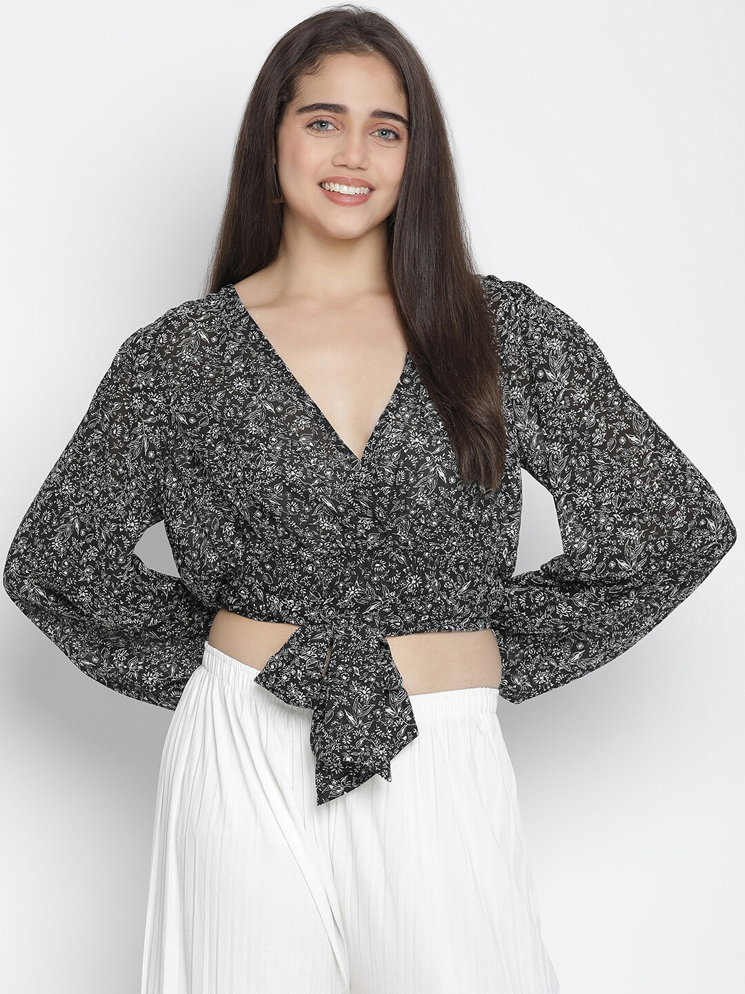 Oxolloxo Black & White Floral Print Wrap Crop Top