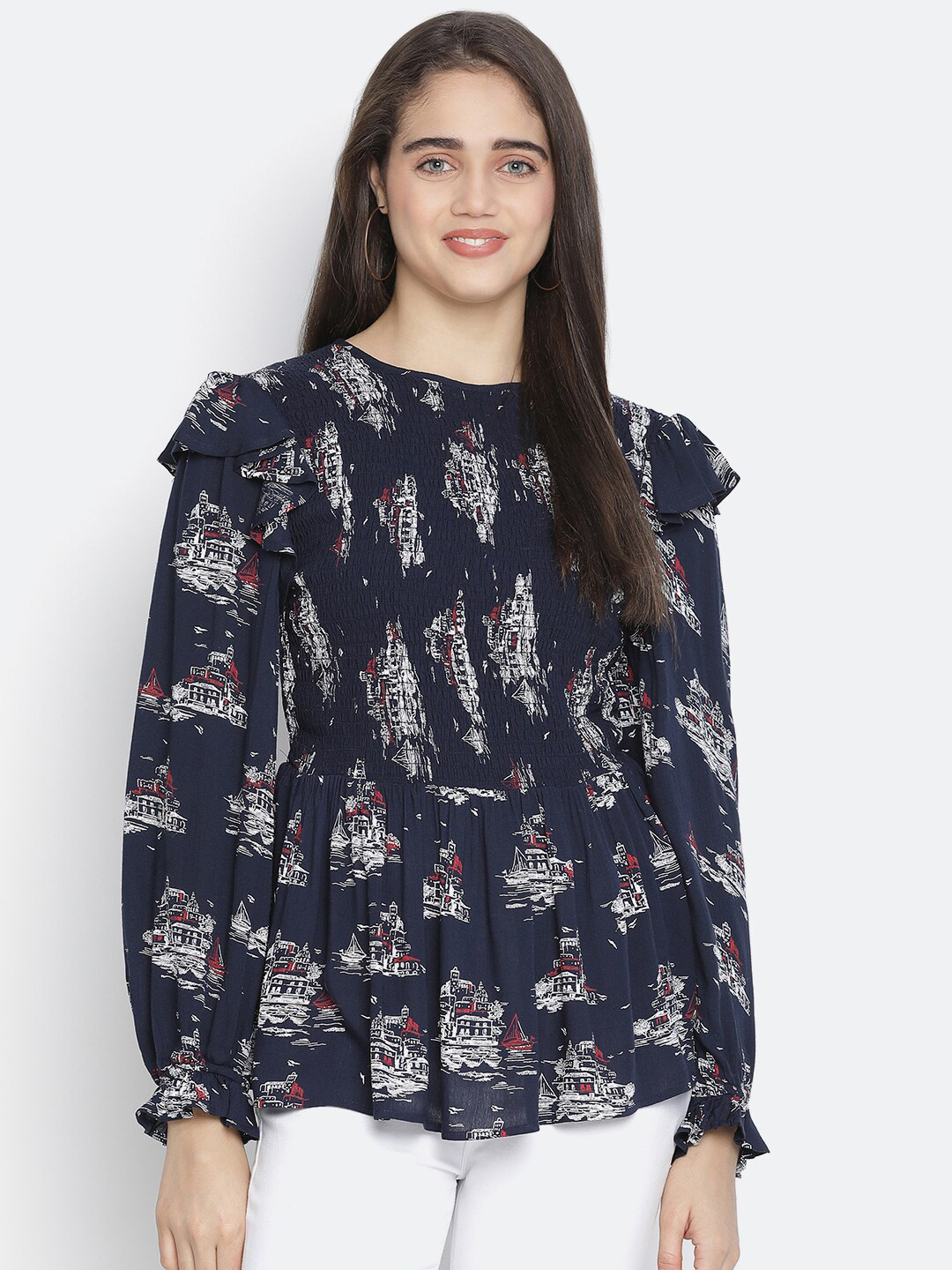 Oxolloxo Navy Blue Floral Print Crepe Top