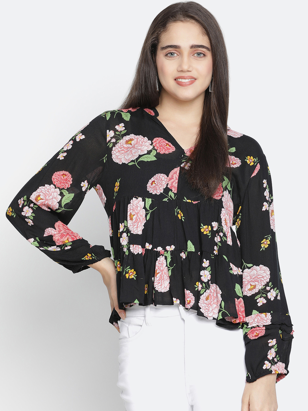 Oxolloxo Women Black Floral Print Crepe Empire Top
