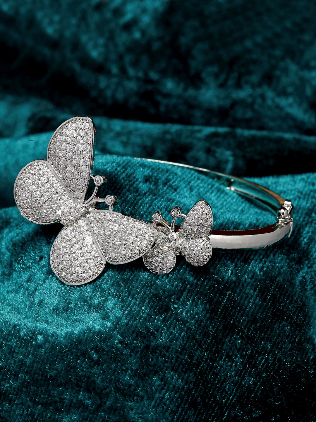 ZENEME Rhodium Plated Silver Toned Butterfly Design Cuff Bracelet