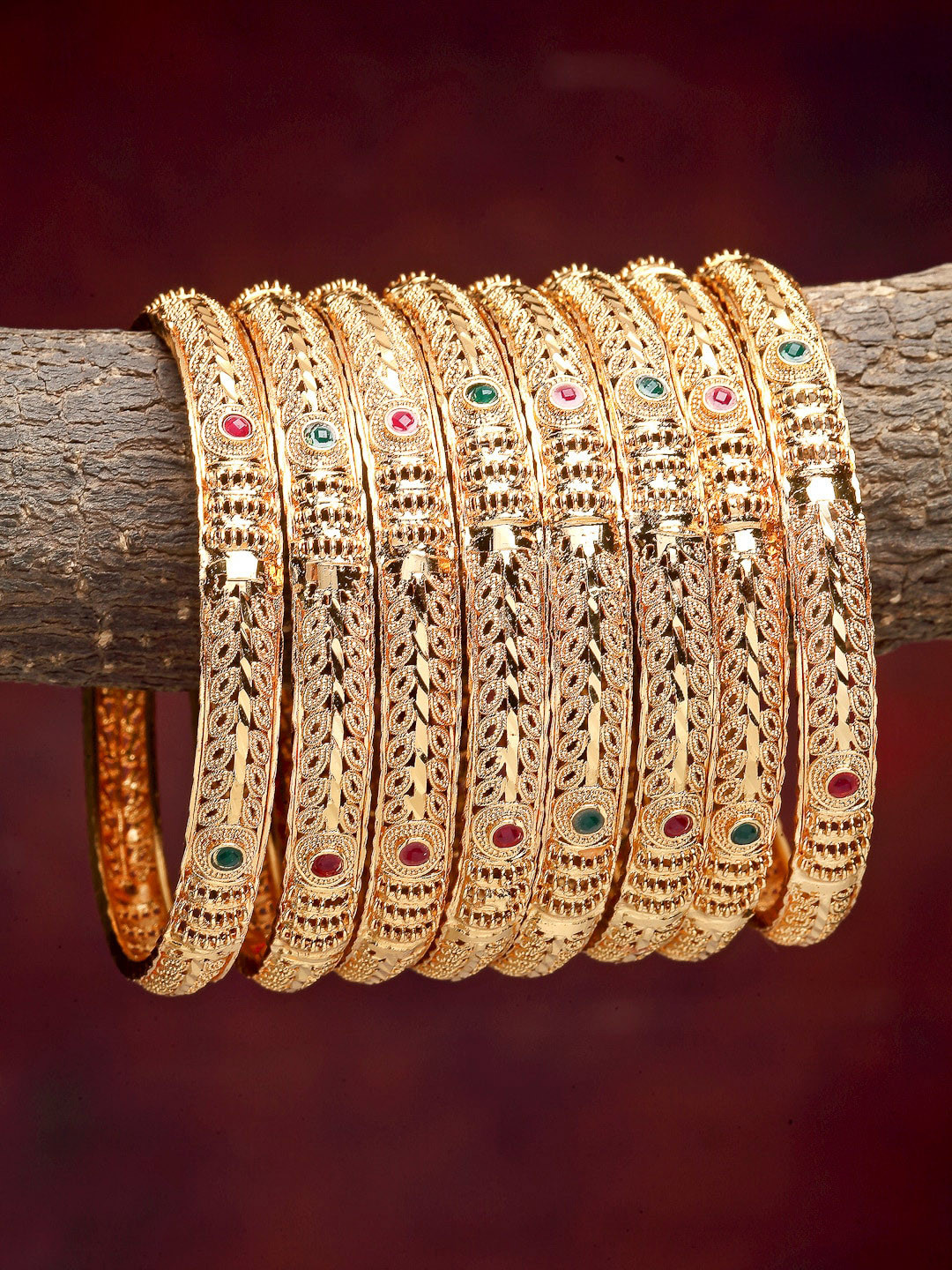 ZENEME Set Of 4Gold-Plated CZ -Studded Bangles