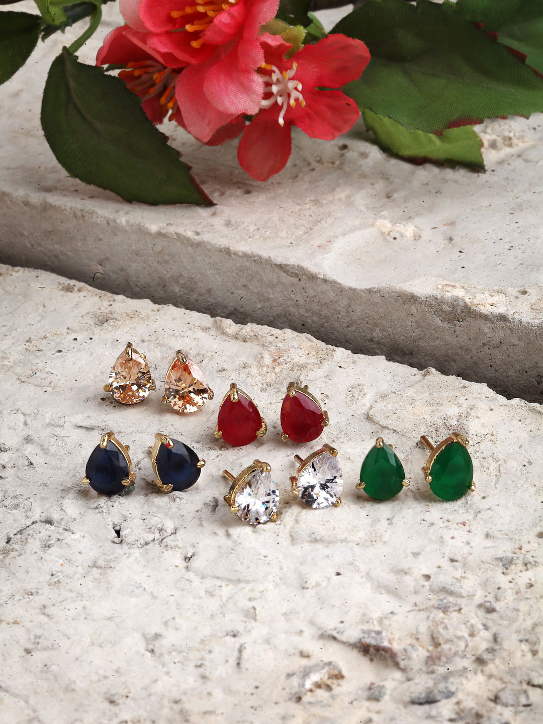 ZENEME Gold Plated Set Of 5 Teardrop Shaped Multicolor CZ studded Stud Earrings