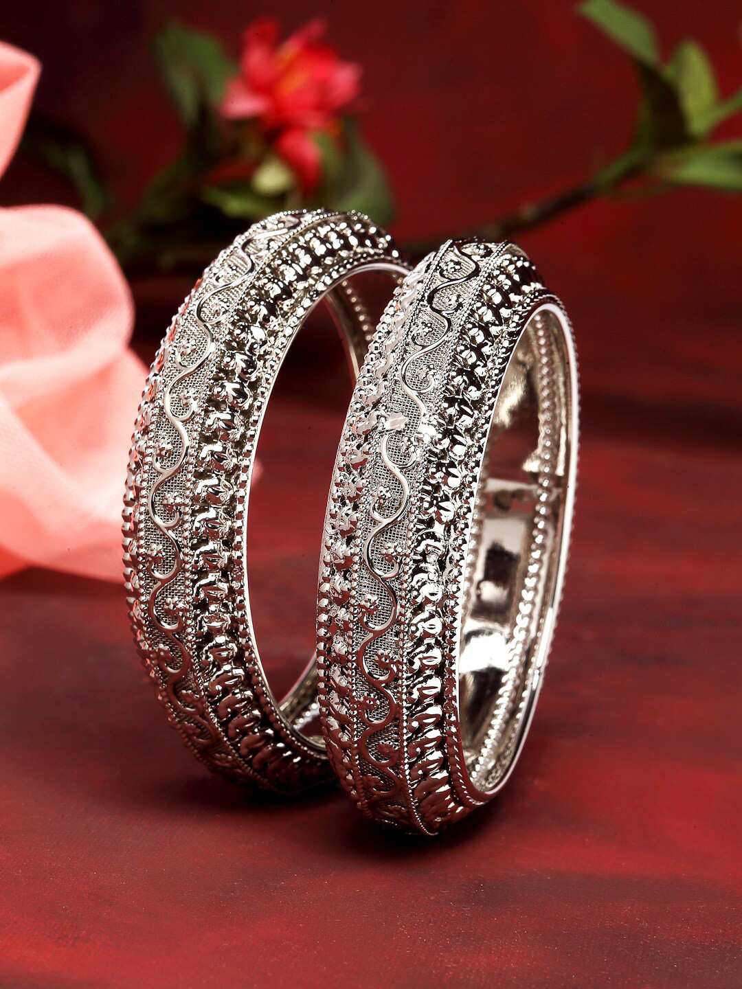 ZENEME Set Of 2Oxidized Traditional Textured Bangle