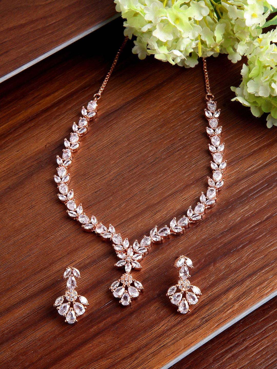 ZENEME Rose Gold-Plated & White AD-Studded Floral Shaped Jewellery Set