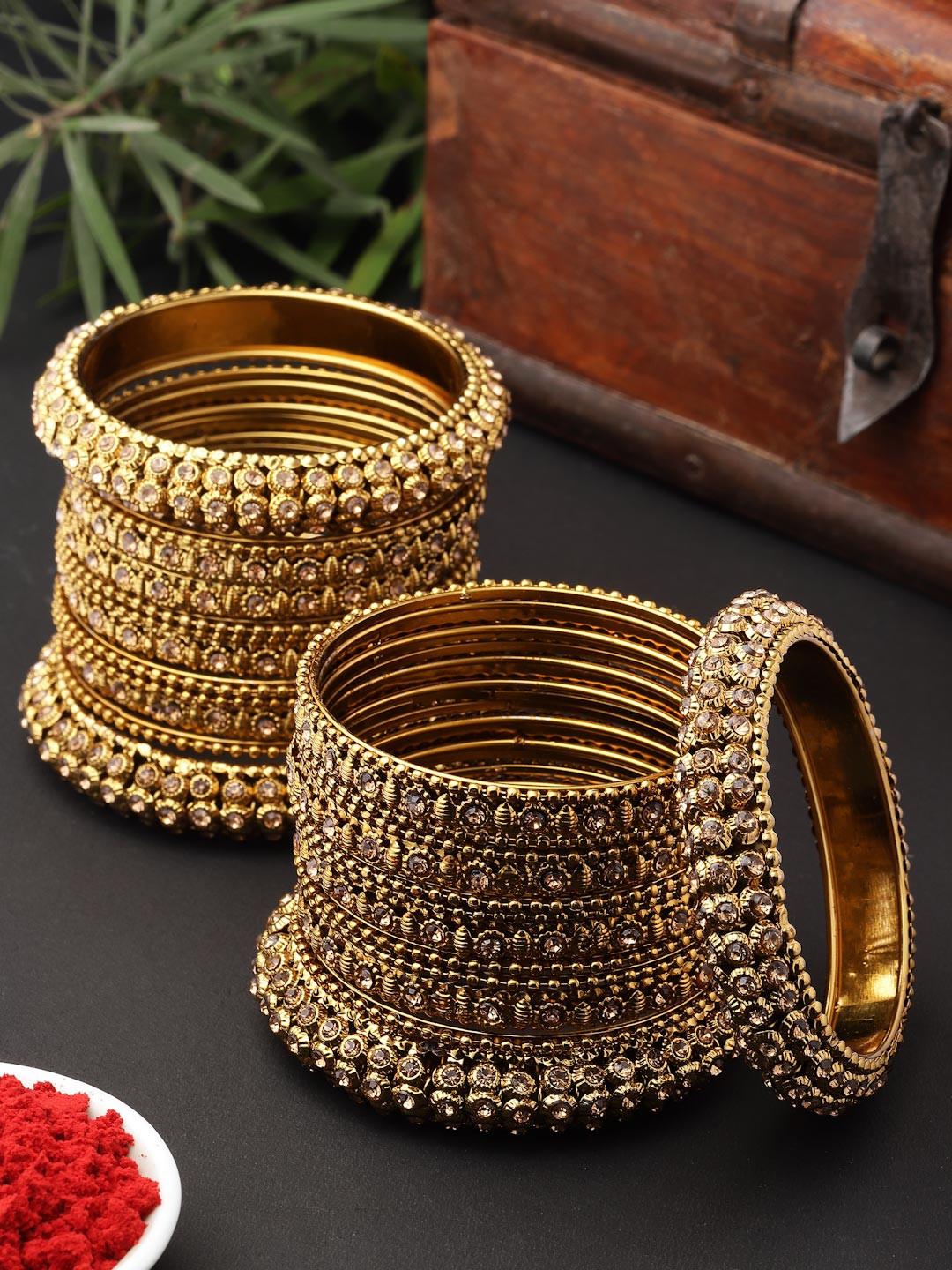 ZENEME Set Of 28 Gold-Plated Cubic Zirconia Studded Bangles