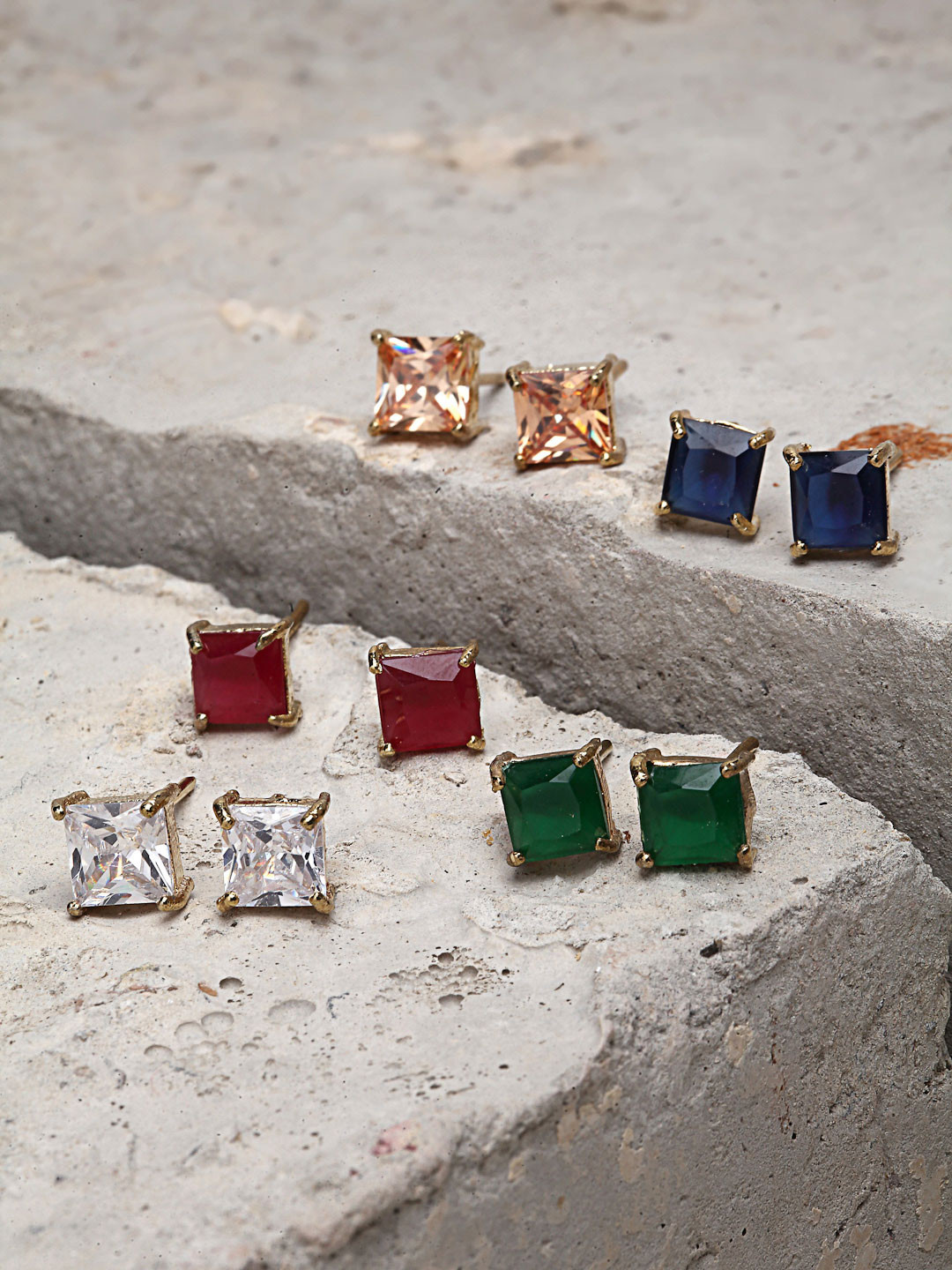 ZENEME Gold Plated Set Of 5 Cubic Zirconia Studded Square Stud Earrings