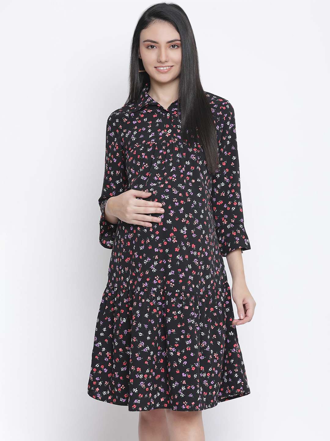 Oxolloxo Black Floral Satin Maternity Shirt Dress