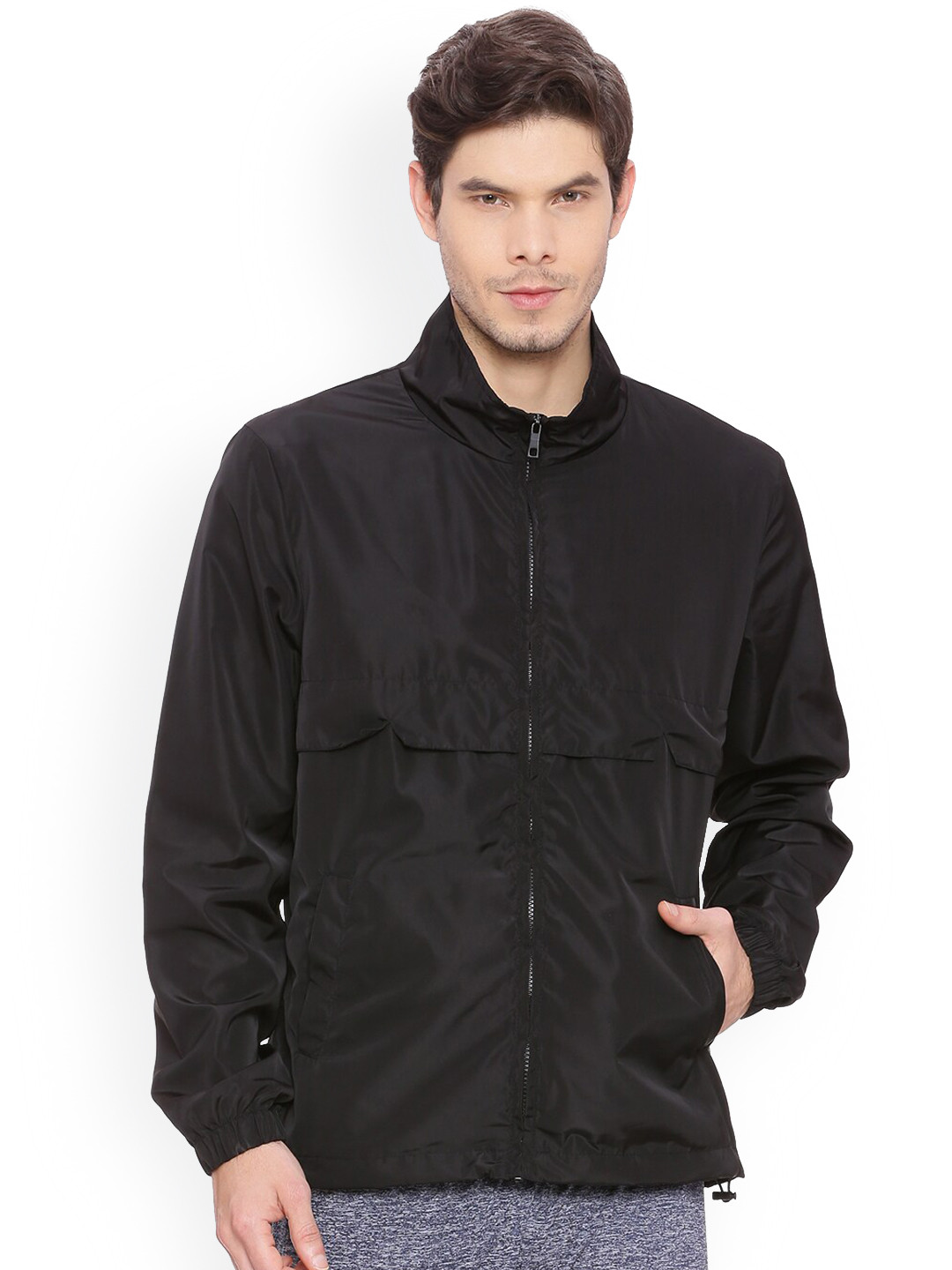 Basics Men Black Longline Bomber with Embroidered Jacket
