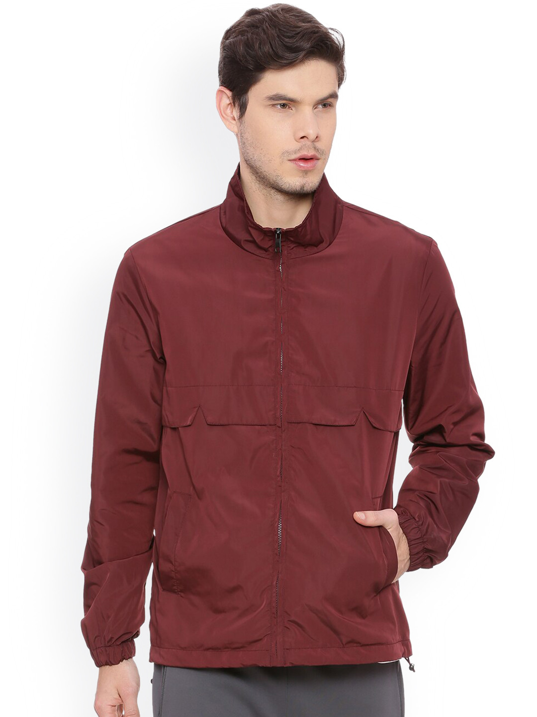 Basics Men Red Longline Sporty Jacket with Embroidered