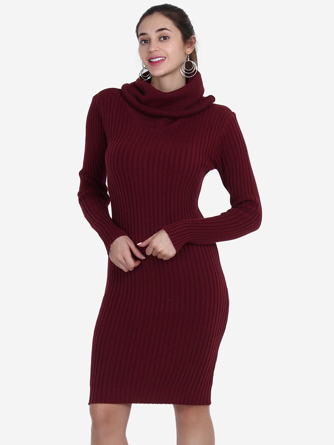 JoE Hazel Maroon Striped High Neck Jumper Dress