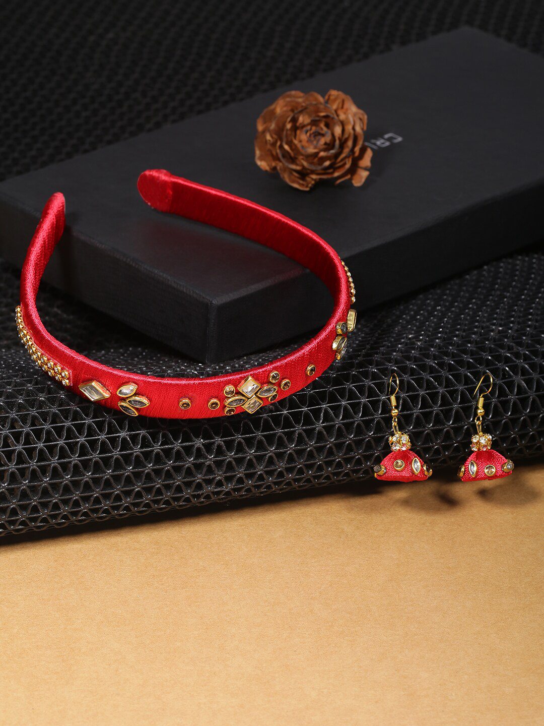 AKSHARA Girls Red & Gold-Toned Set of 2 Beaded Hair Accessory Set