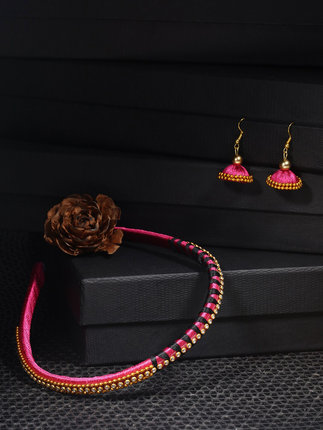 AKSHARA Girls Pink & Gold-Toned Set of 2 Embellished Hairband With Earring