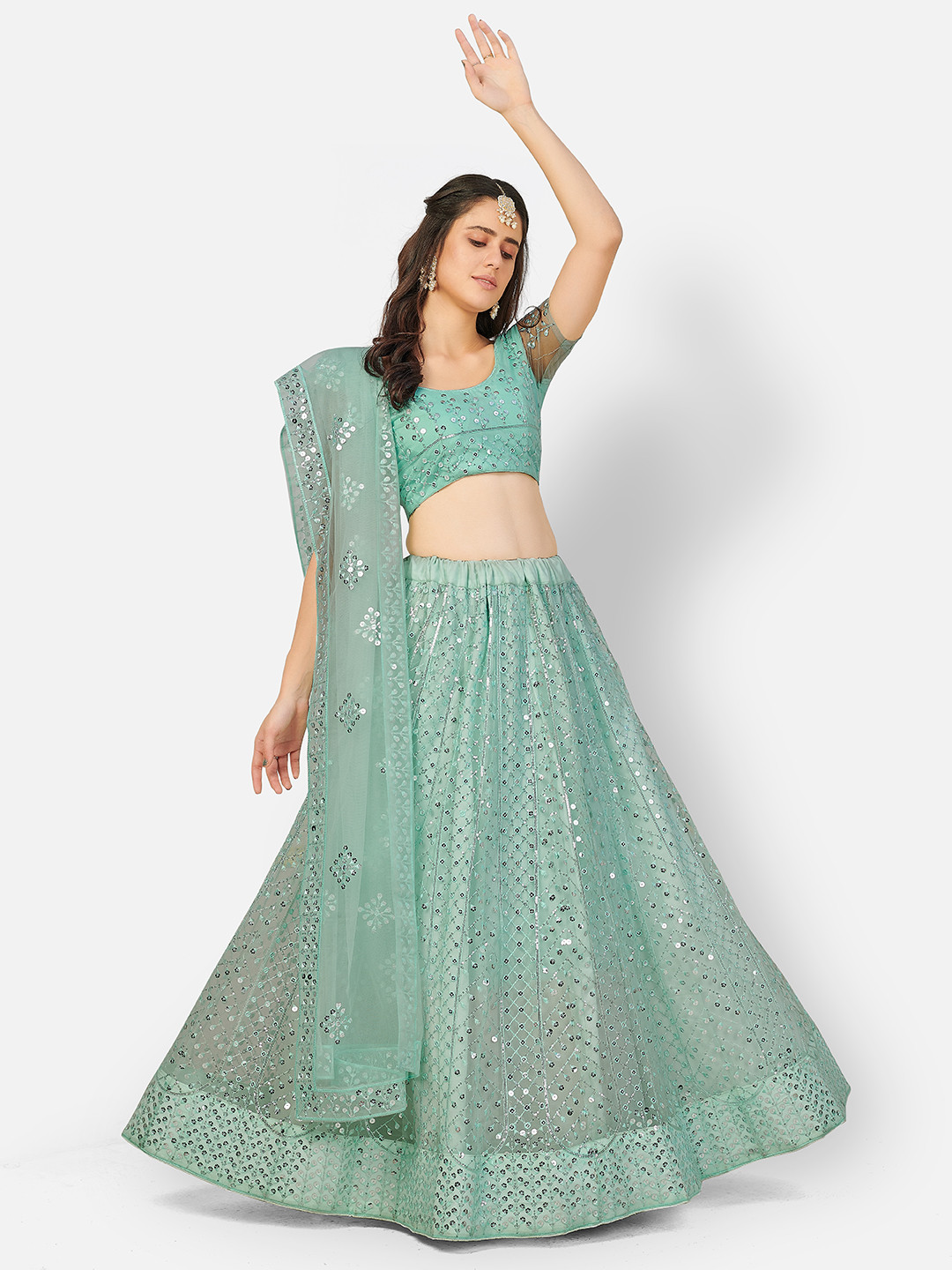 SHOPGARB Turquoise Blue & Silver-Toned Sequinned Semi- Stitched Lehenga Choli Set