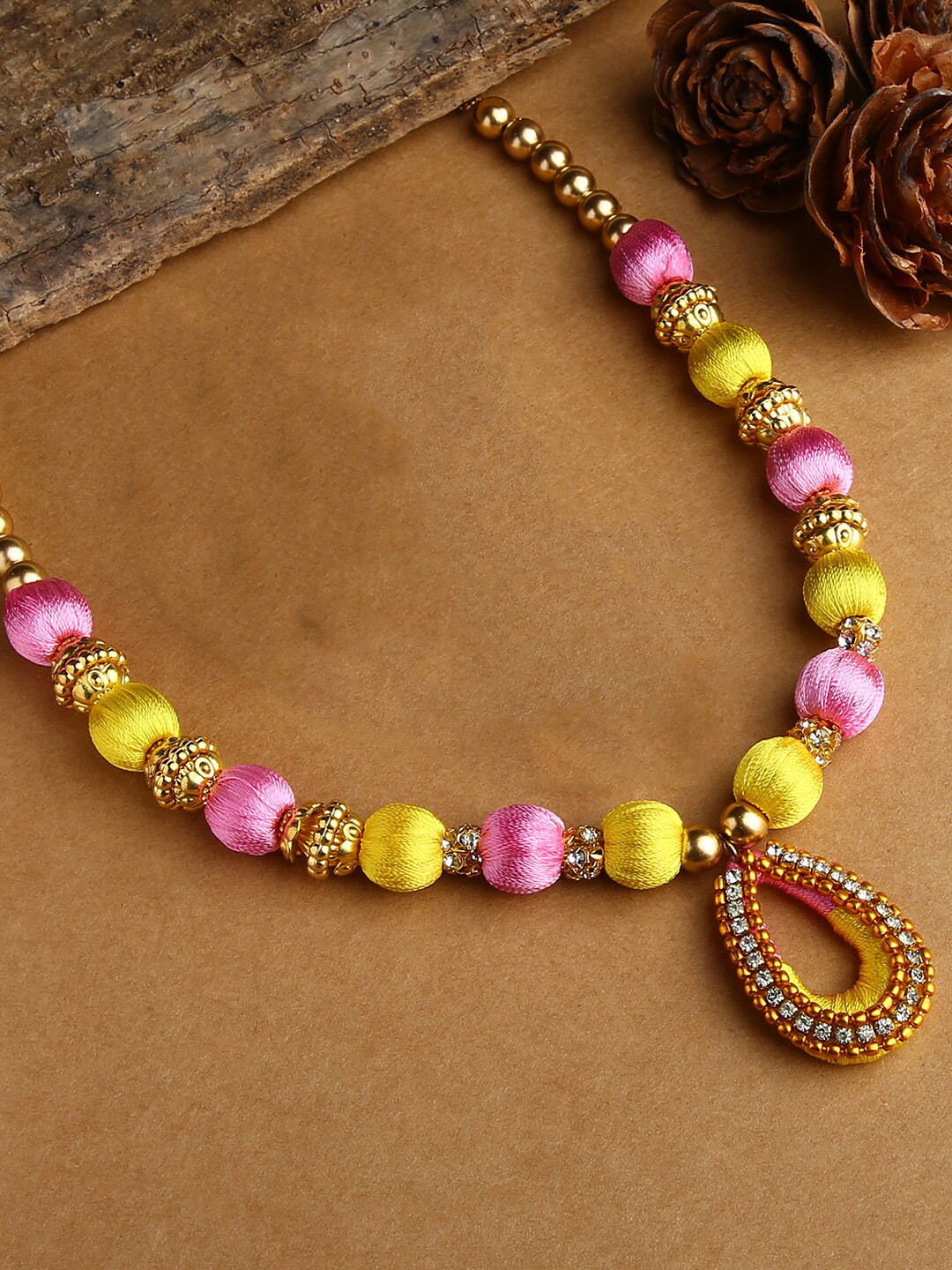 AKSHARA Gold-Toned & Pink Silk Thread Necklace
