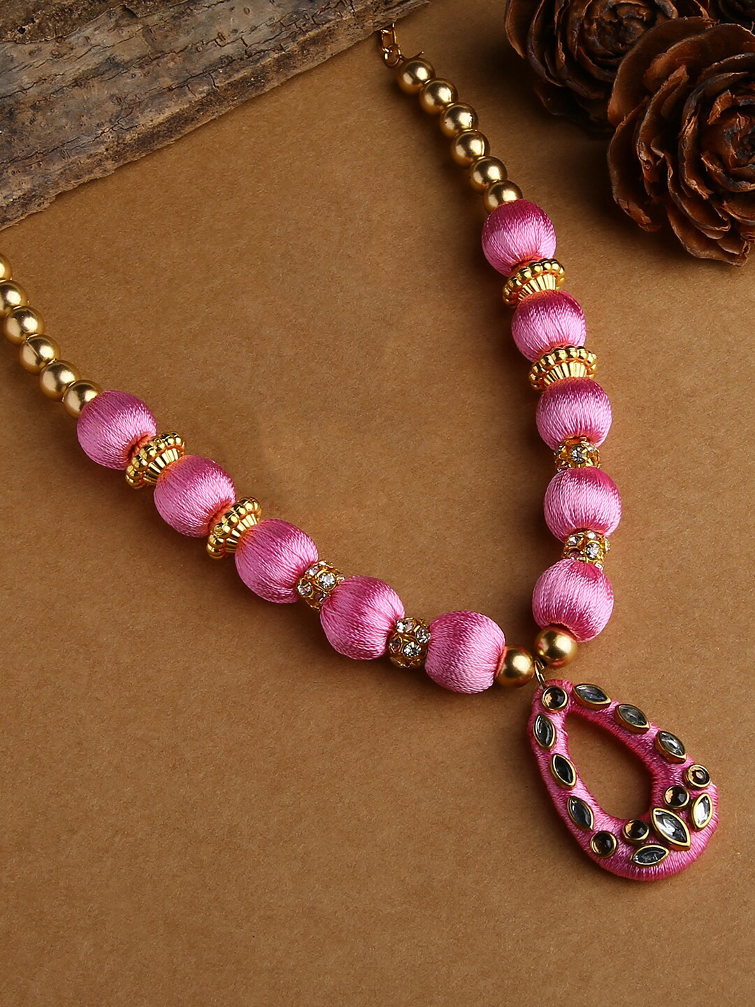 AKSHARA Pink & Gold-Toned Gold-Plated Silk Thread Necklace