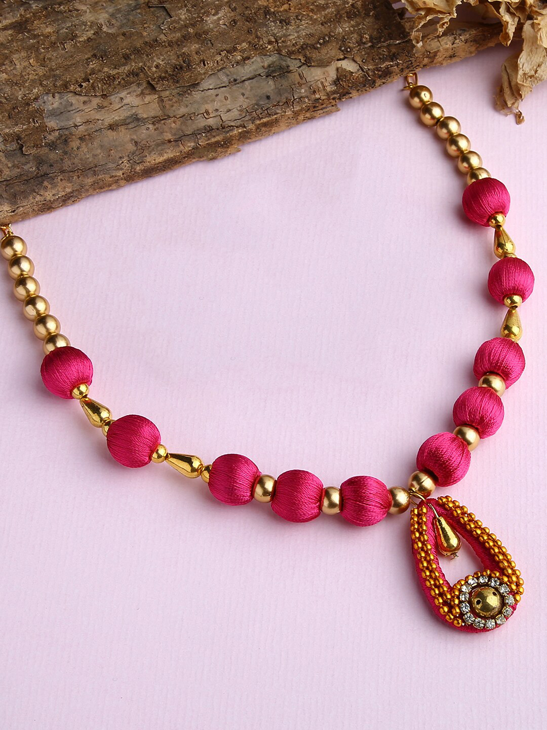 AKSHARA Women Pink & Gold-Toned Beaded Silk Thread Handcrafted Necklace