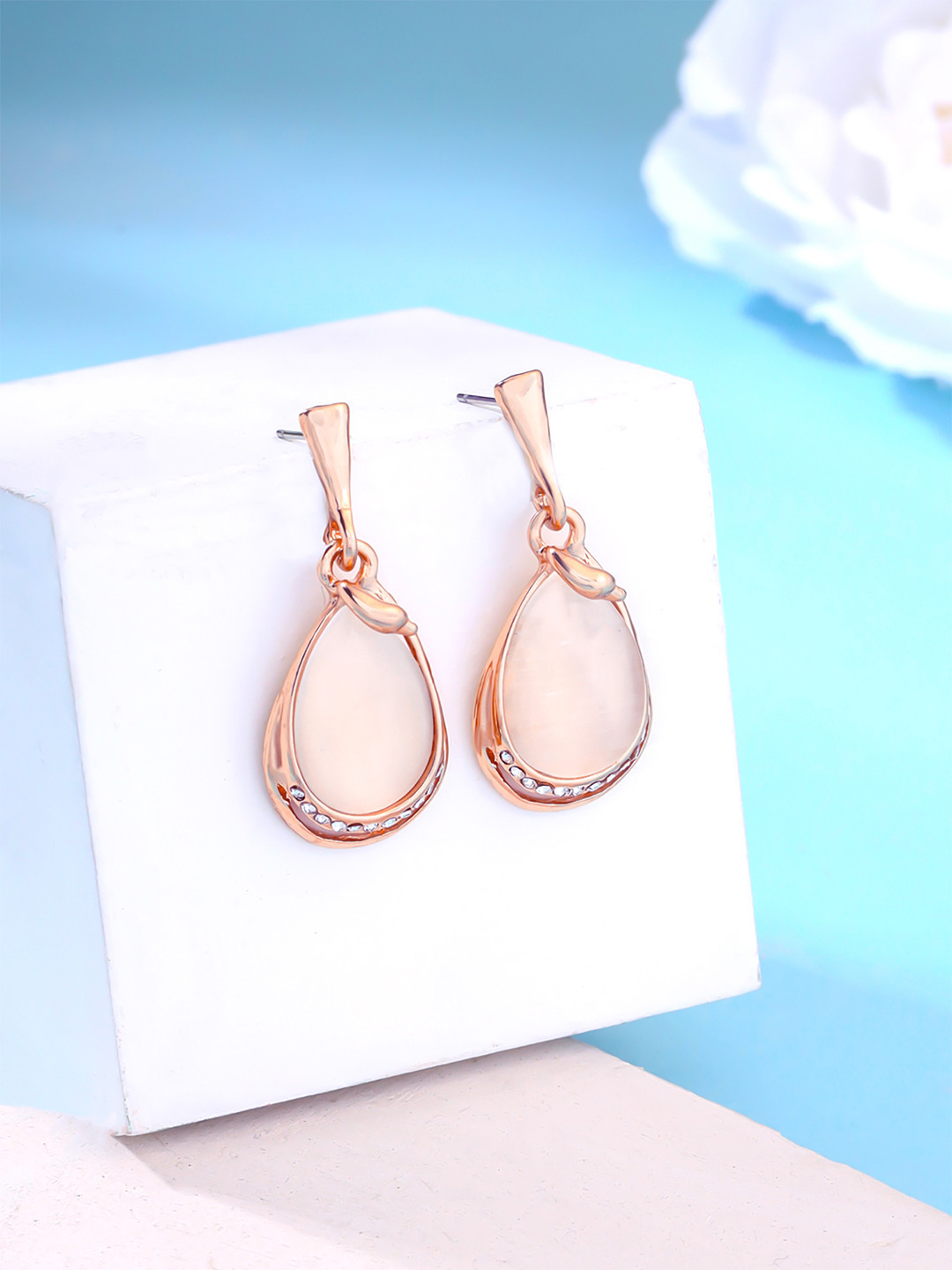 Yellow Chimes 18K Rose Gold-Plated Opal Oval Drop Earrings