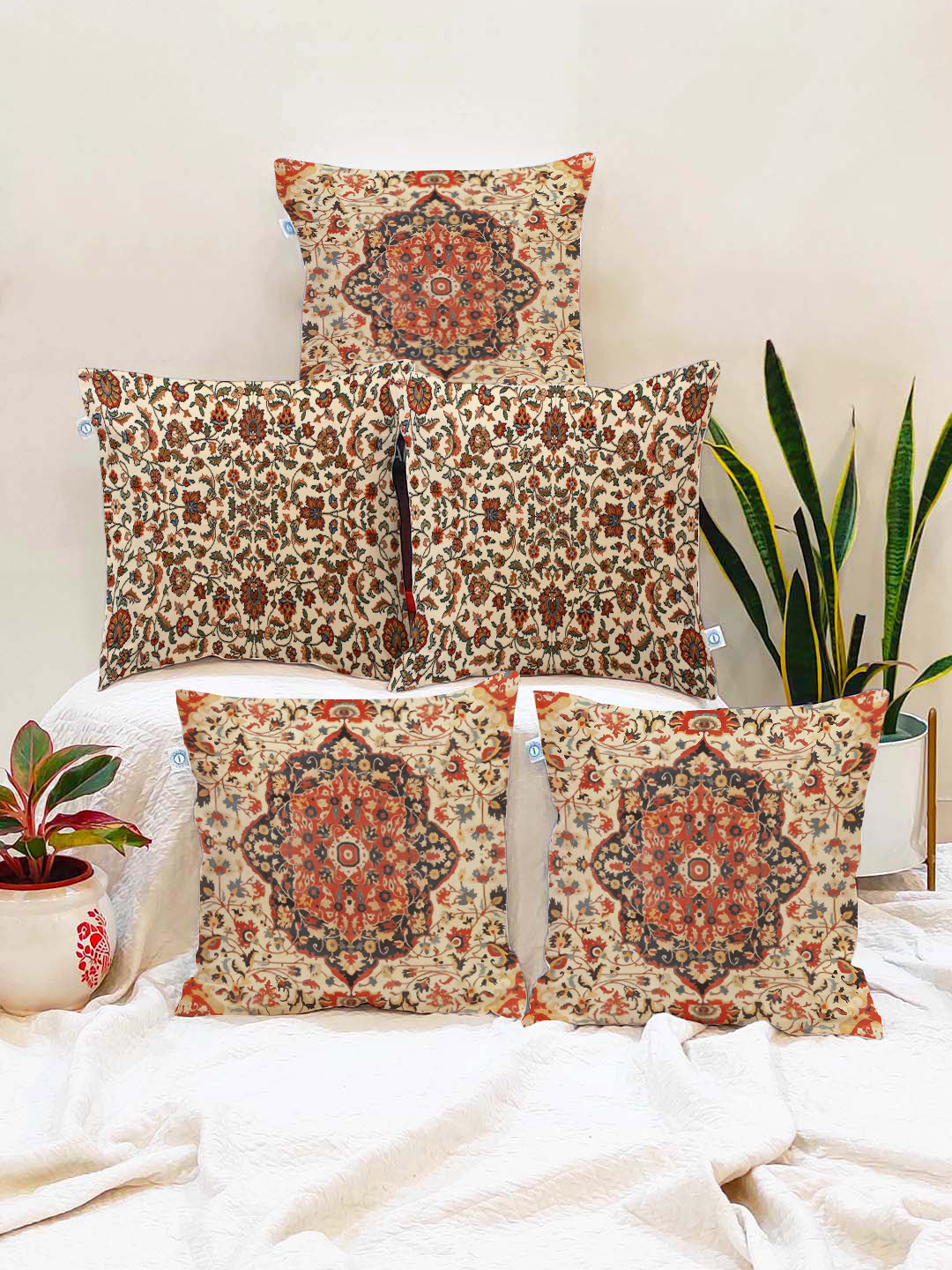 STITCHNEST Set of 5 Brown & Beige Floral 16'' x 16'' Cushion Cover