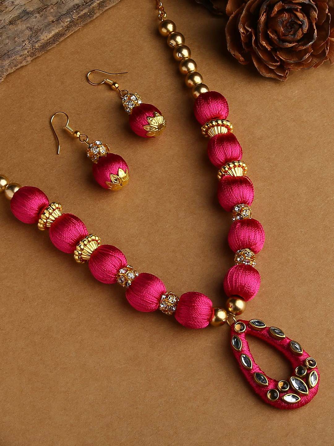 AKSHARA Gold-Plated Studded & Beaded Wooden Balls Silk Thread Jewellery Set