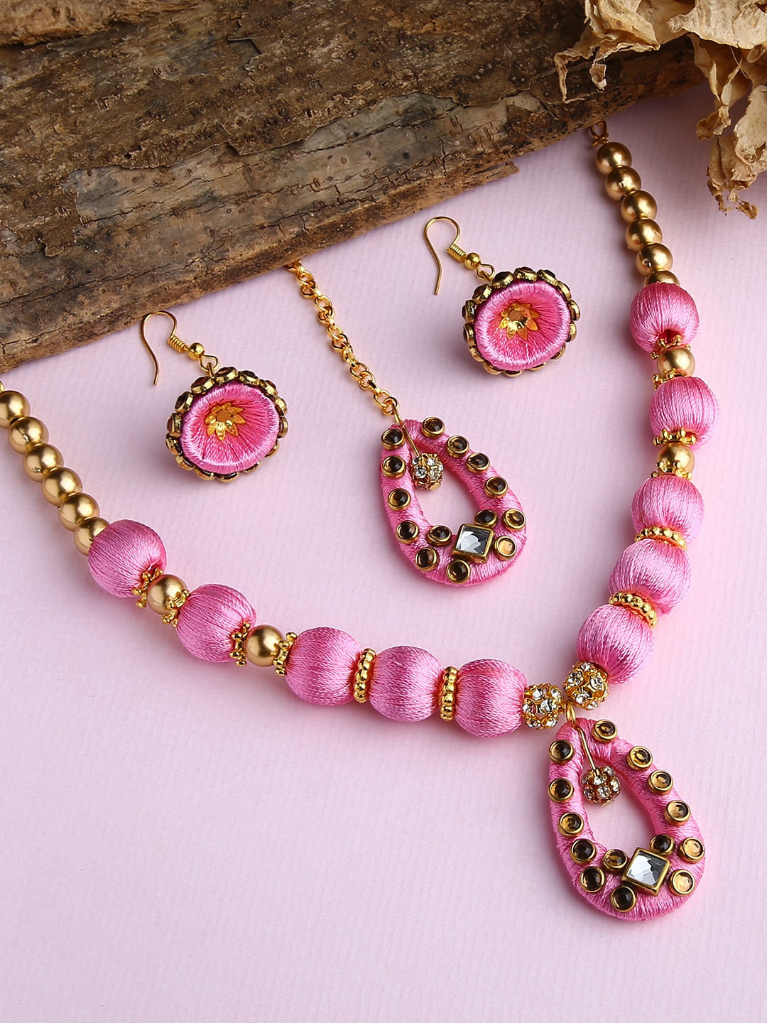 AKSHARA Gold-Plated & Rose-Pink Stone-Studded & Beaded Wooden Balls Silk Thread Jewellery Set