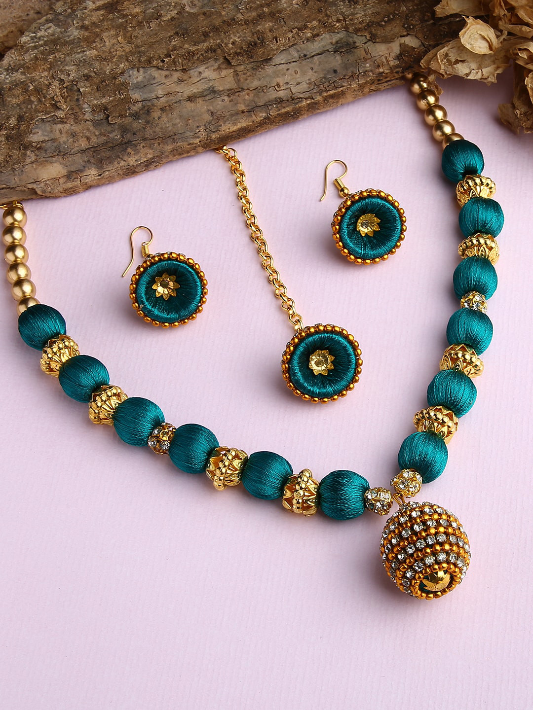 AKSHARA Women Green Stone-Studded Wooden Balls Silk Thread Jewelry Set
