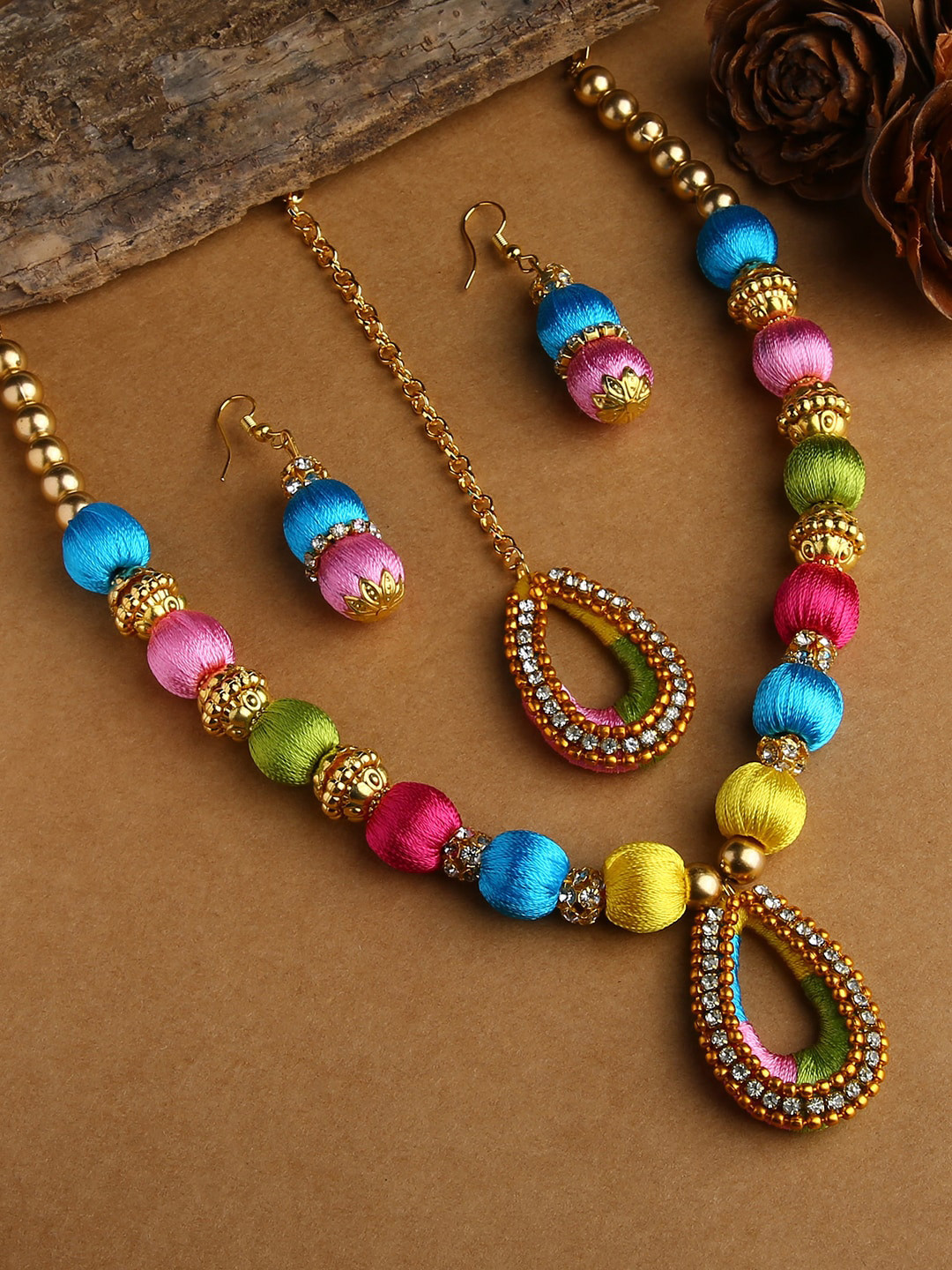 AKSHARA Gold-Plated & Yellow Stones-Studded & Beaded Wooden Balls Silk Thread Jewellery Set