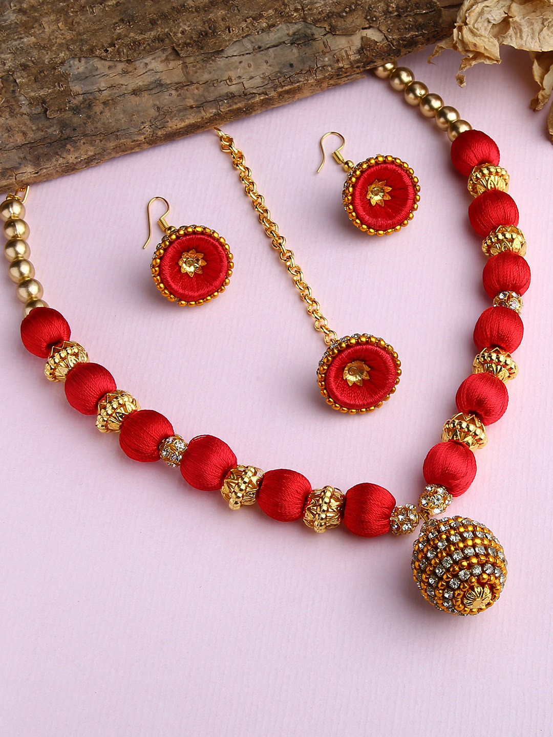 AKSHARA Gold-Plated & Red Stones-Studded & Beaded Wooden Balls Silk Thread Jewellery Set