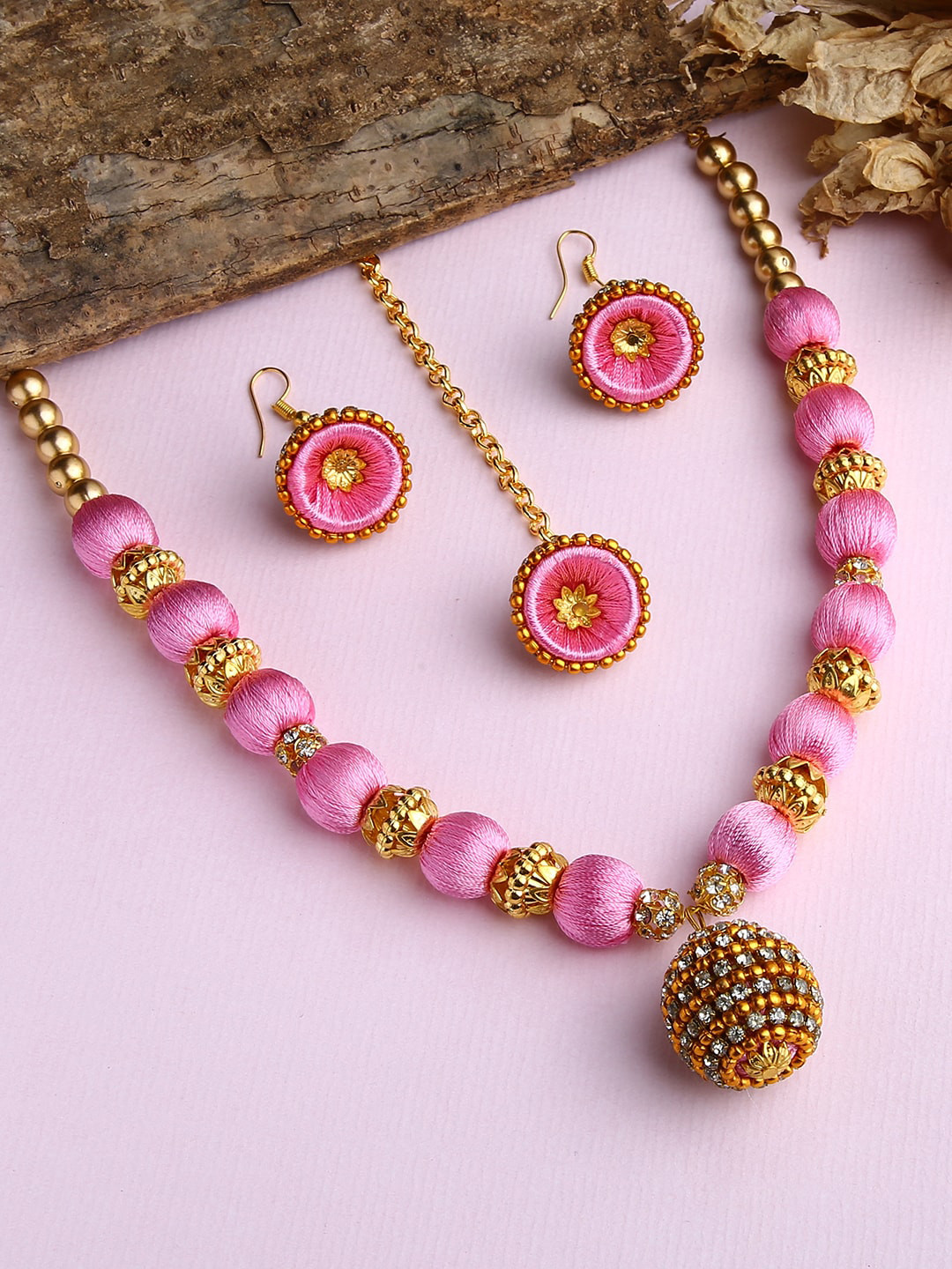AKSHARA Gold-Plated & Rose-Pink Stone-Studded & Beaded Wooden Balls Silk Thread Jewellery Set