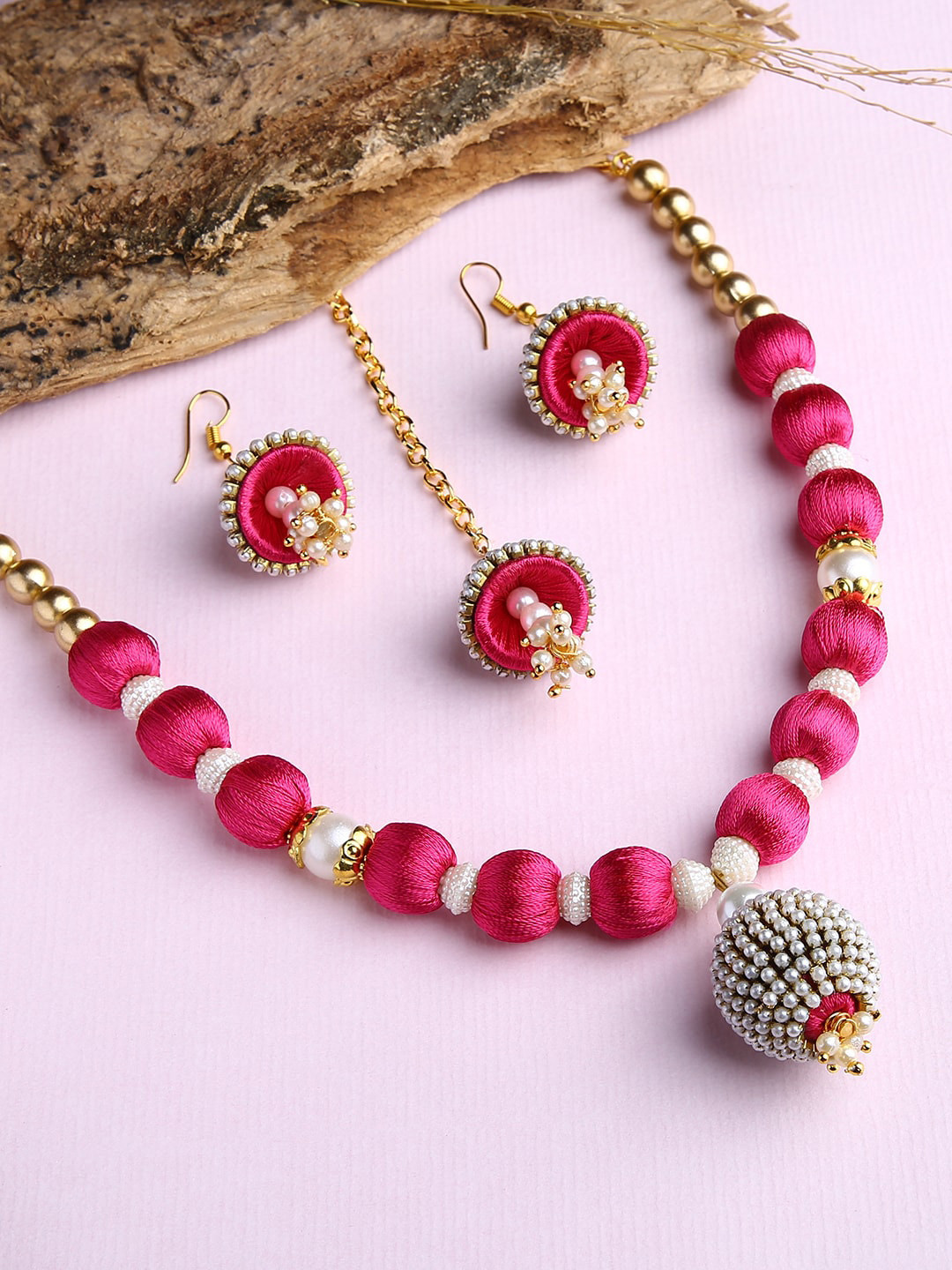AKSHARA Gold-Plated & Pink Stones-Studded & Beaded Wooden Balls Silk Thread Jewellery Set