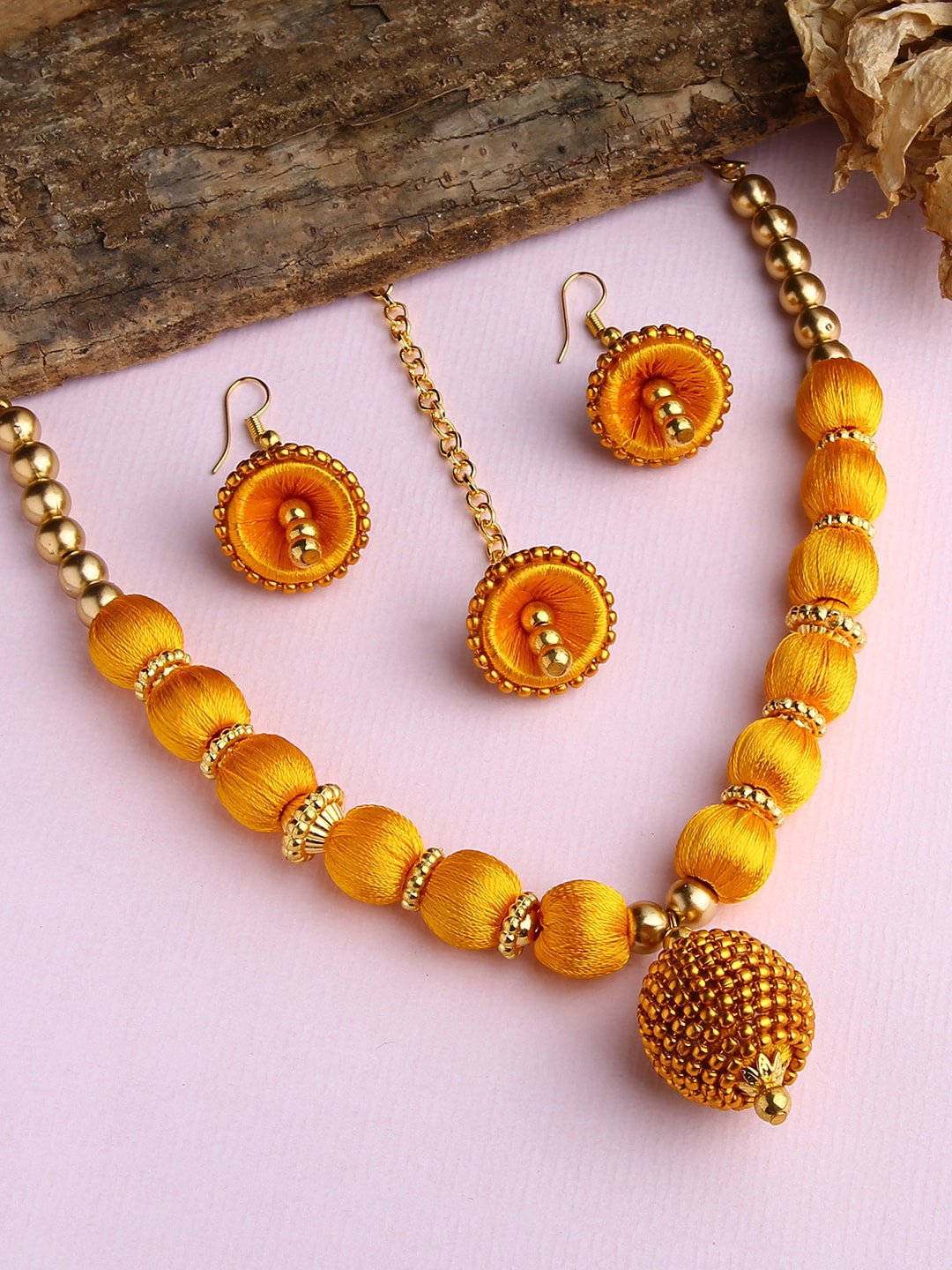 AKSHARA Gold-Plated & Yellow Stones-Studded & Beaded Wooden Balls Silk Thread Jewellery Set