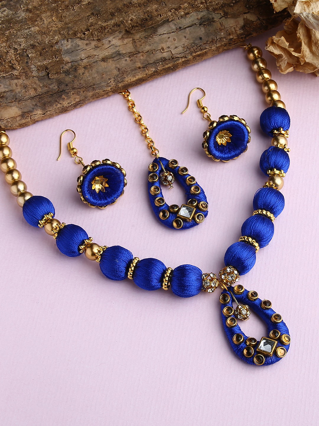 AKSHARA Gold-Plated White & Blue Stones-Studded & Beaded Wooden Balls Silk Thread Jewellery Set