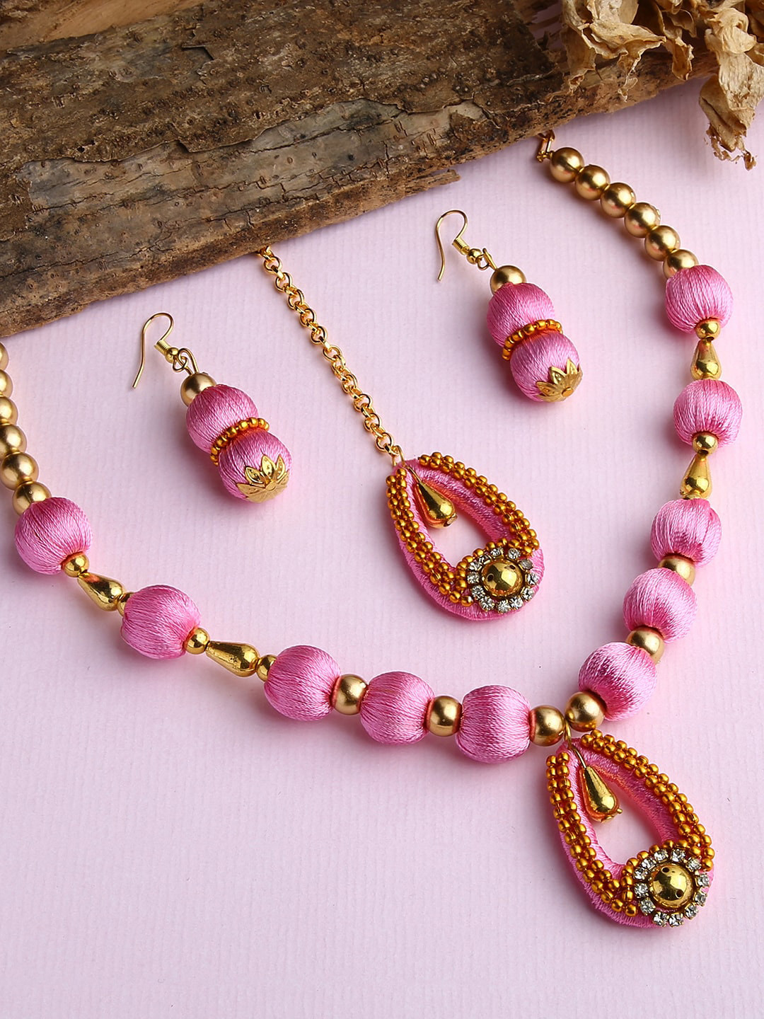 AKSHARA Gold-Plated & Rose Stones-Studded & Beaded Wooden Balls Silk Thread Jewellery Set