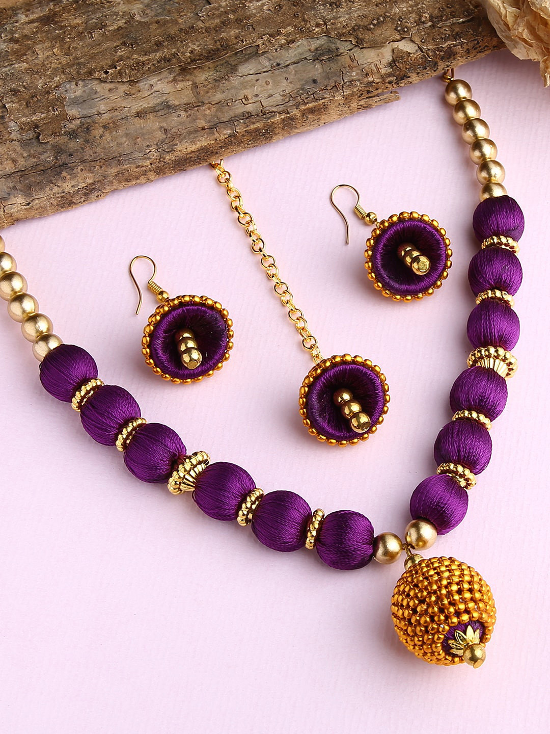 AKSHARA Gold-Plated White & Purple Stone-Studded & Beaded Wooden Balls Silk Thread Jewellery Set