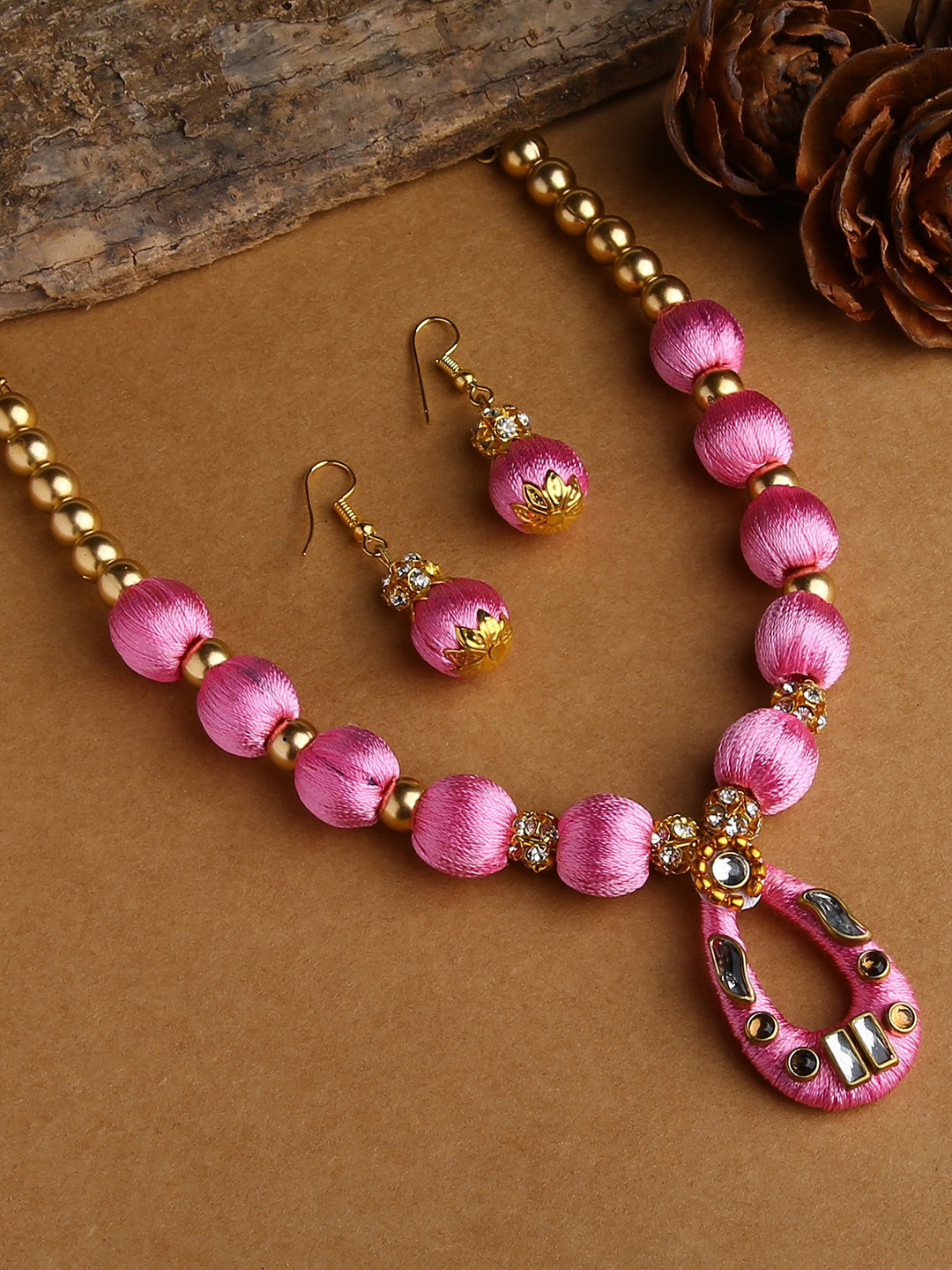 AKSHARA Women Rose-Pink Stone-Studded Wooden Balls Silk Thread Jewelry Set