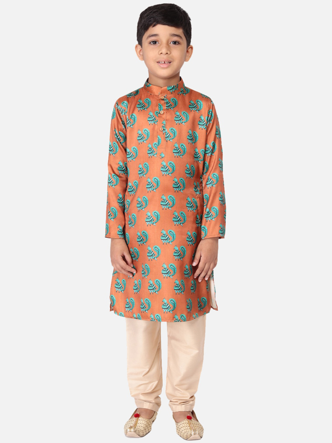 TABARD Boys Orange Quirky Printed Thread Work Kurta