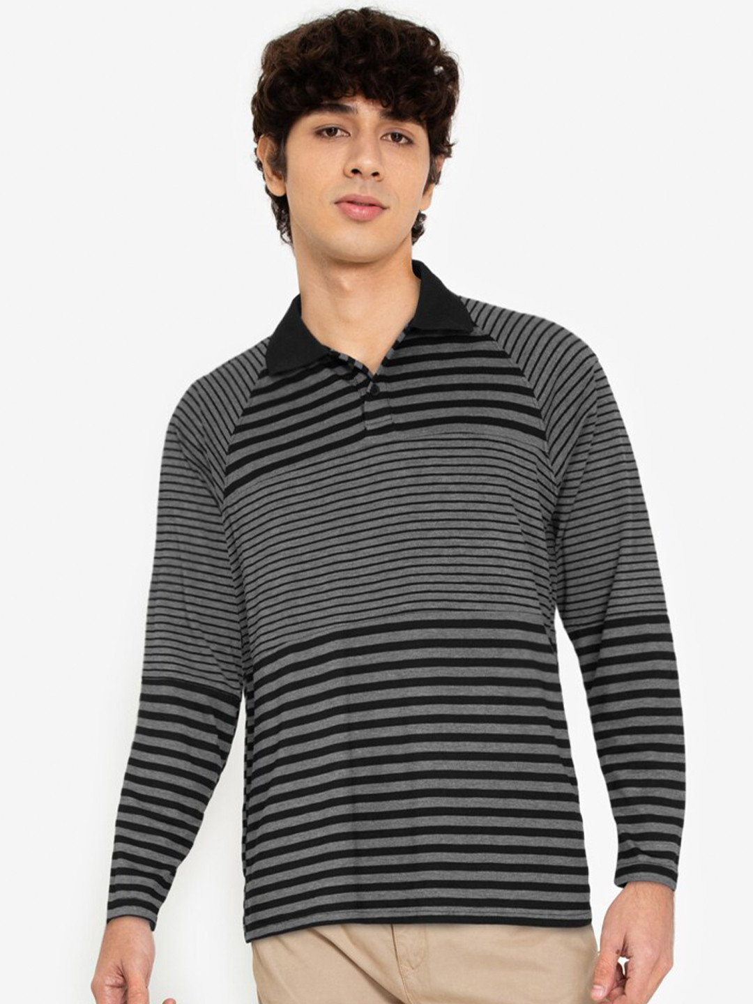 ZALORA BASICS Men Grey & Black Striped Polo Collar T-shirt