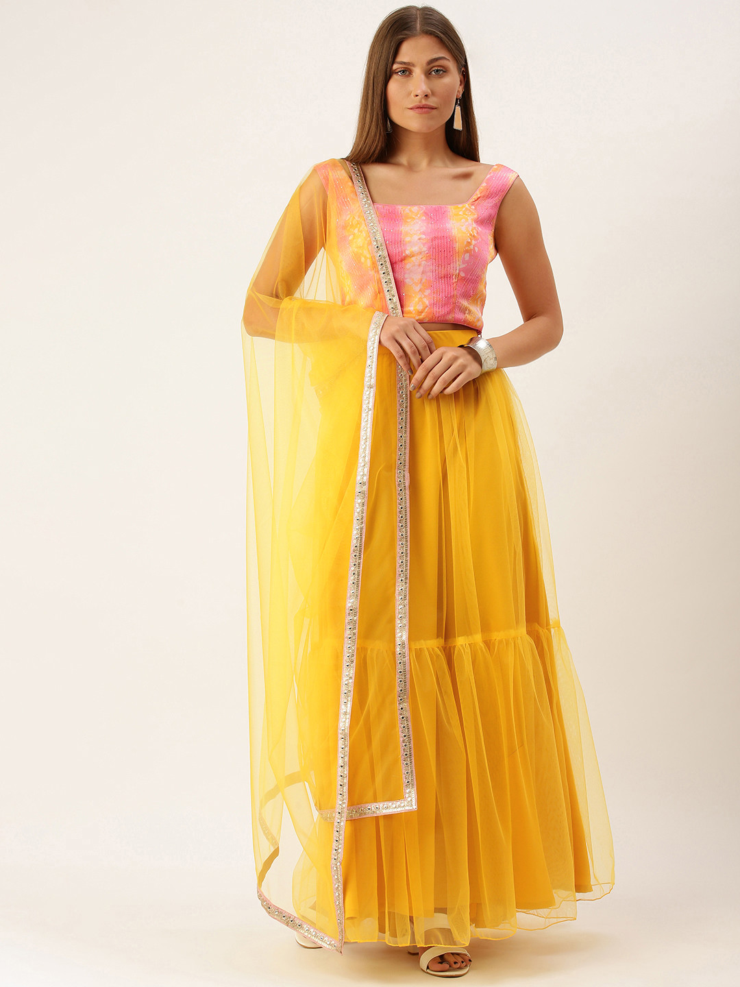 Ethnovog Yellow  Pink Printed Made to Measure Lehenga Choli