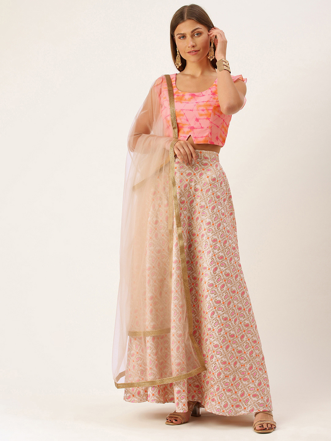 Ethnovog Pink  Grey Printed Made to Measure Lehenga Choli