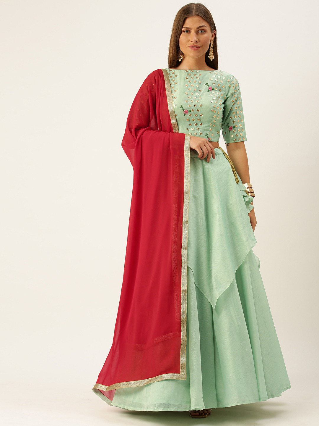 Ethnovog Green  Red Embroidered Thread Work Made to Measure Lehenga Set With Dupatta