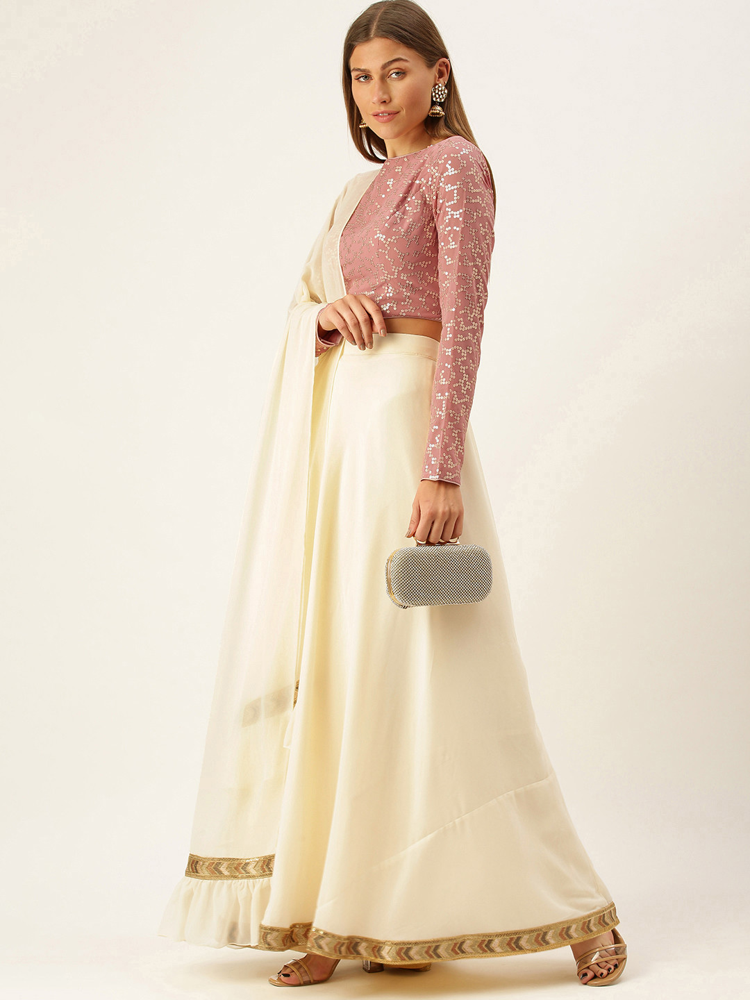 Ethnovog Dusty Pink  Cream-Coloured Sequinned Made to Measure Lehenga Set with Dupatta